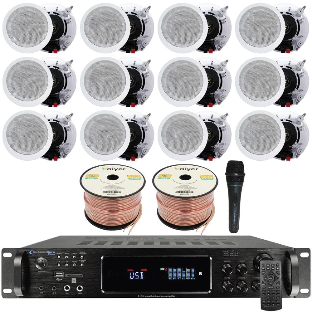 Vaiyer Home Stereo System Kit - 7.2 Channel 4500 Watts Bluetooth Amplifier with 12 Qty of 6.5" Ceiling Speakers 200W Each, Mic, 16 AWG 500 ft. Speaker Wire & Remote for Home, Bar, Office, Restaurant