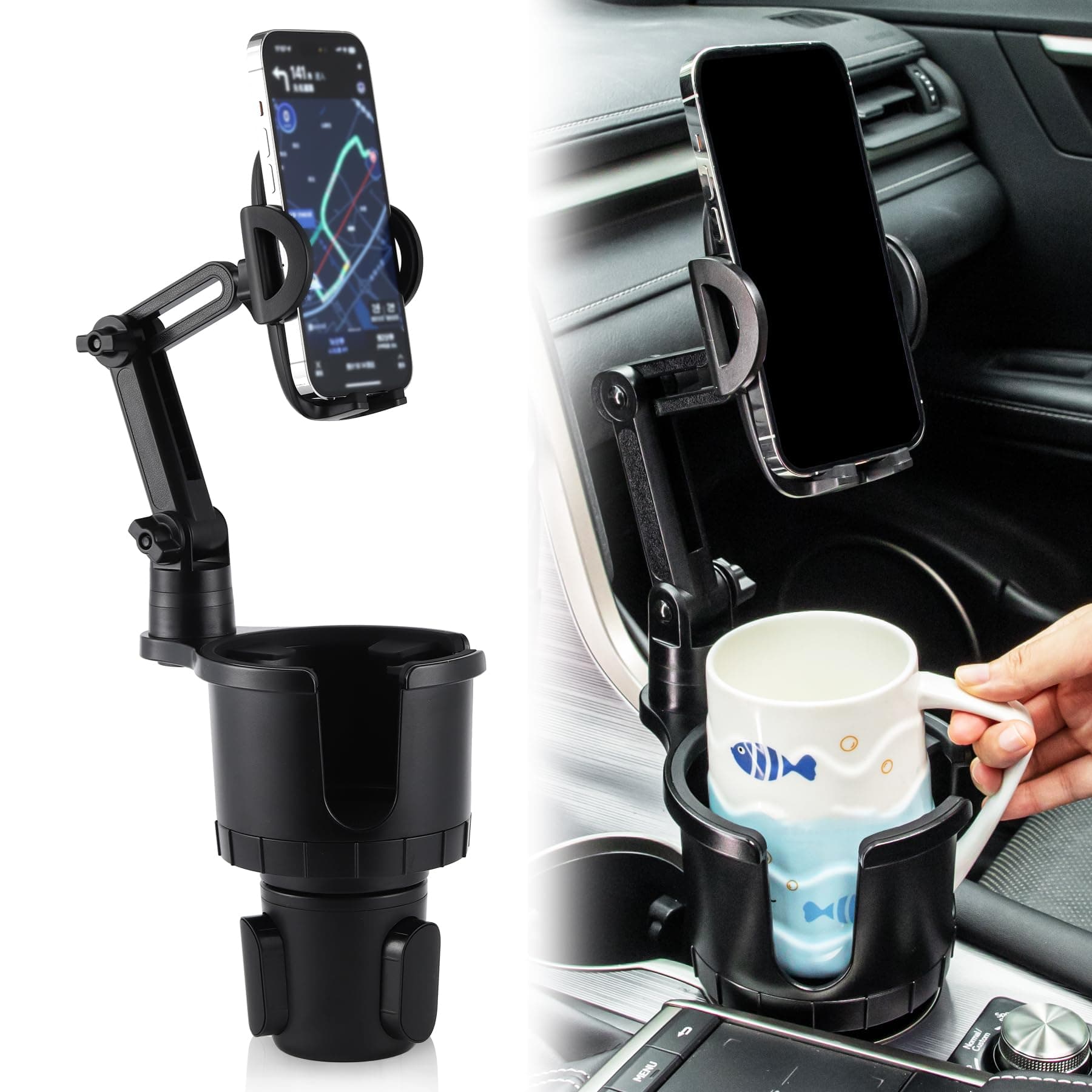 Amiss Cup Holder Cell Phone Mount for Car with 360°Rotation - Expander Organizer with Adjustable Base, Cell Phone Accessories Compatible with iPhone, Samsung & All Smartphones