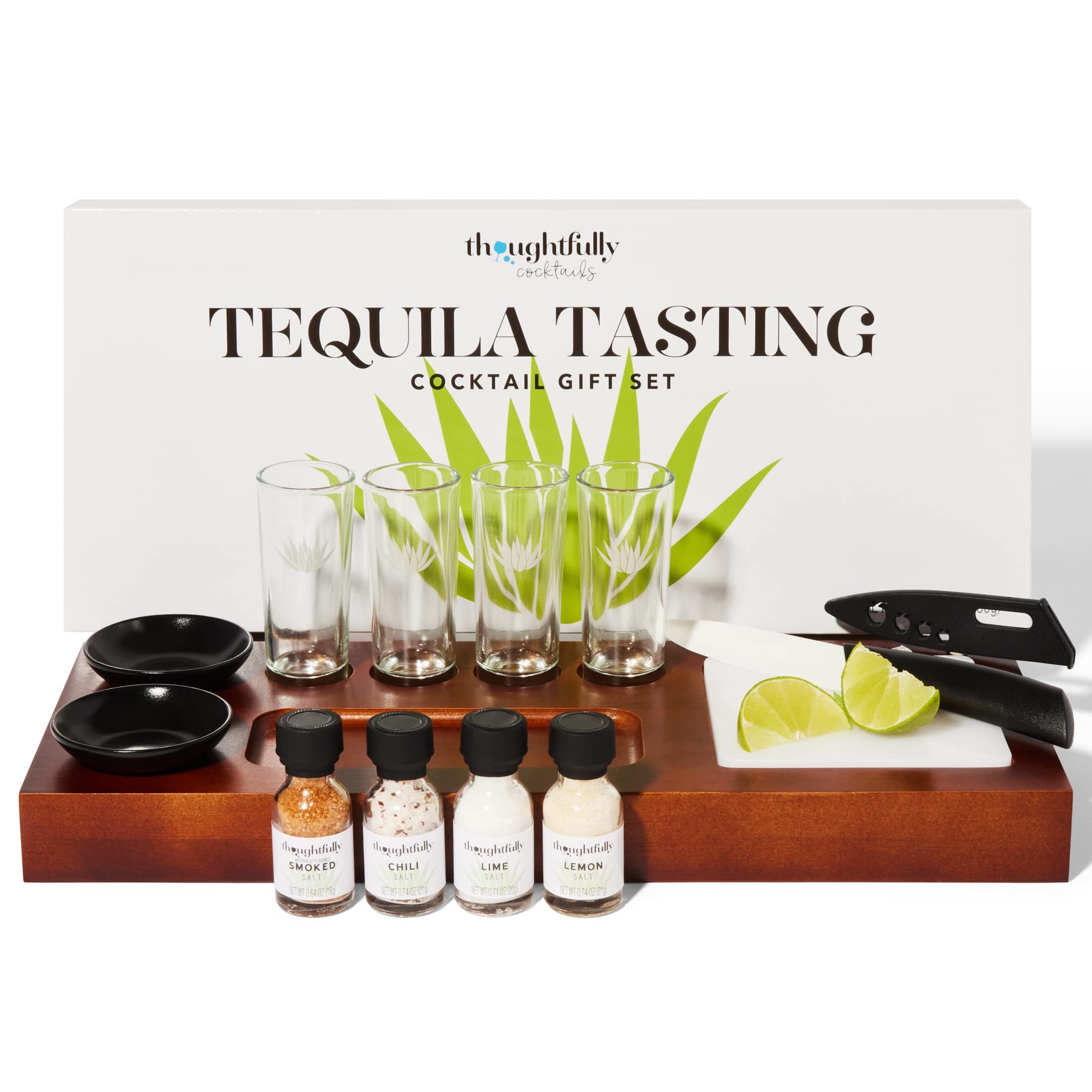 ThoughtfullyCocktails, Tequila Tasting Gift Set, Set Includes Wood Tequila Tray with Cutting Board, Ceramic Knife, 4 Shot Glasses and 4 Flavored Salts