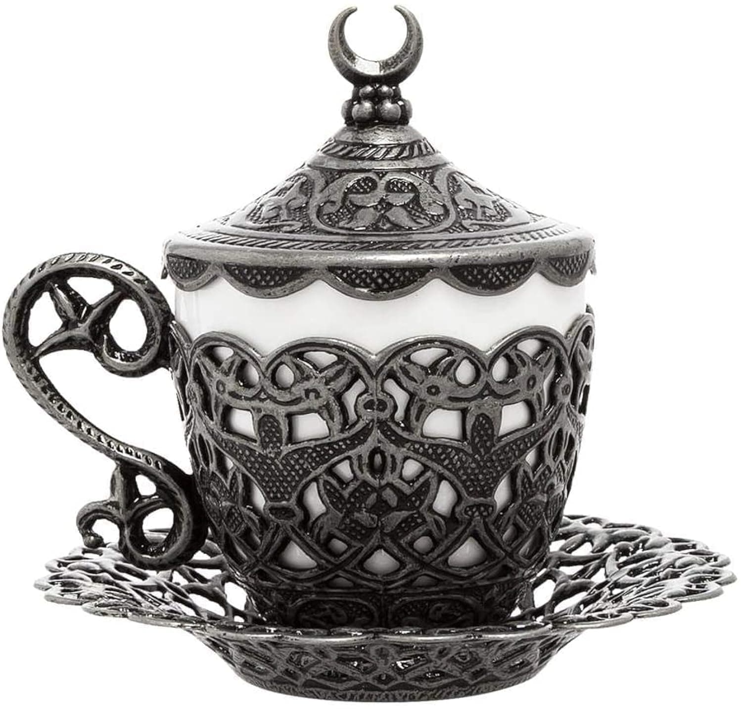 (1 Pc Turkish Coffee Cup - Traditional Design with Crescent Motif, Porcelain Cup and Saucer for Turkish, Greek, Arabic Coffee and Espresso (Gelincik) (Black)