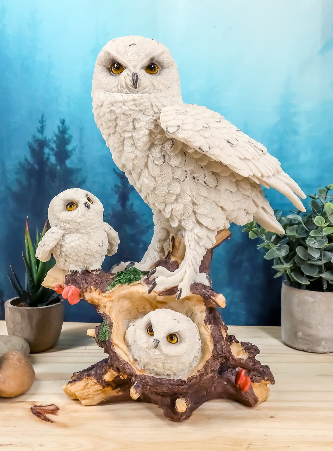 Ebros Gift Snowy Tundra White Owl Perching On Tree Branch with Baby Owlets Statue 12" Tall Whimsical Tundra Forest Nocturnal Taxidermy Owls Figurine