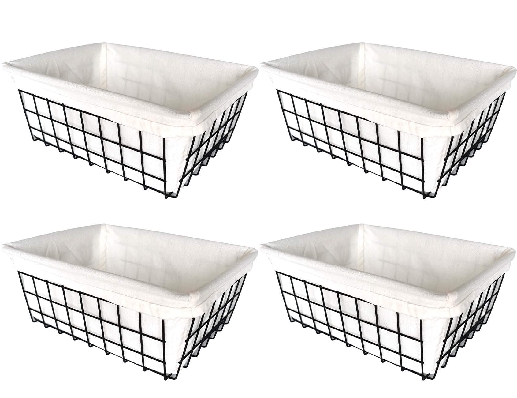 Wire Storage Baskets, 4 Pack Metal Household Organizer with 4 Pcs Fabric Liners, Refrigerator Bin with Handles, for Pantry, Shelf, Freezer, Kitchen Cabinet, Bathroom, Countertop, Closets (Black)
