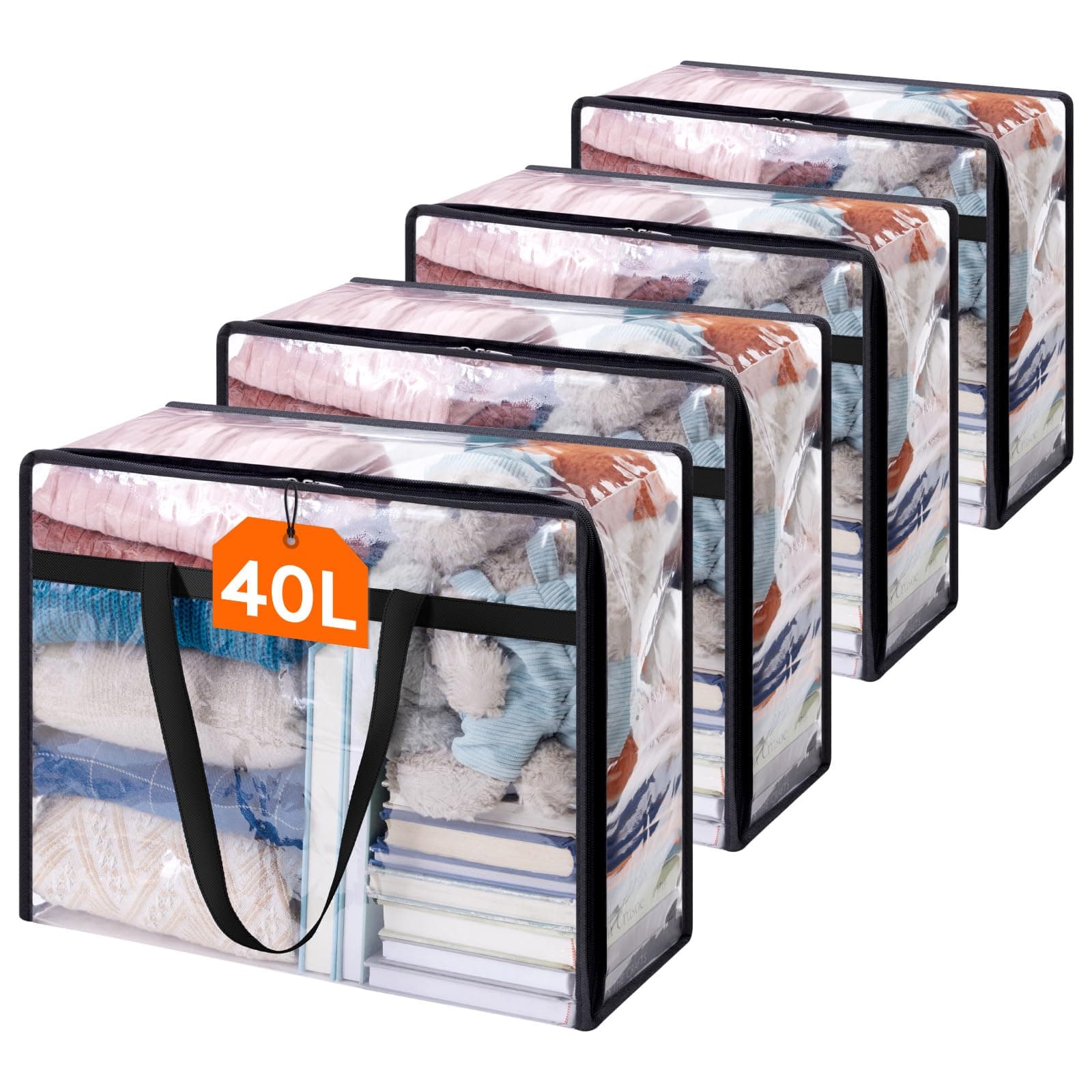 4 Pack Clear Clothes Storage Bags, 40L Plastic Blanket Storage Bag, Vinyl Foldable Moving Bags with Zipper, Closet Organizers and Storage Containers for Bedding, Duvet, Comforter