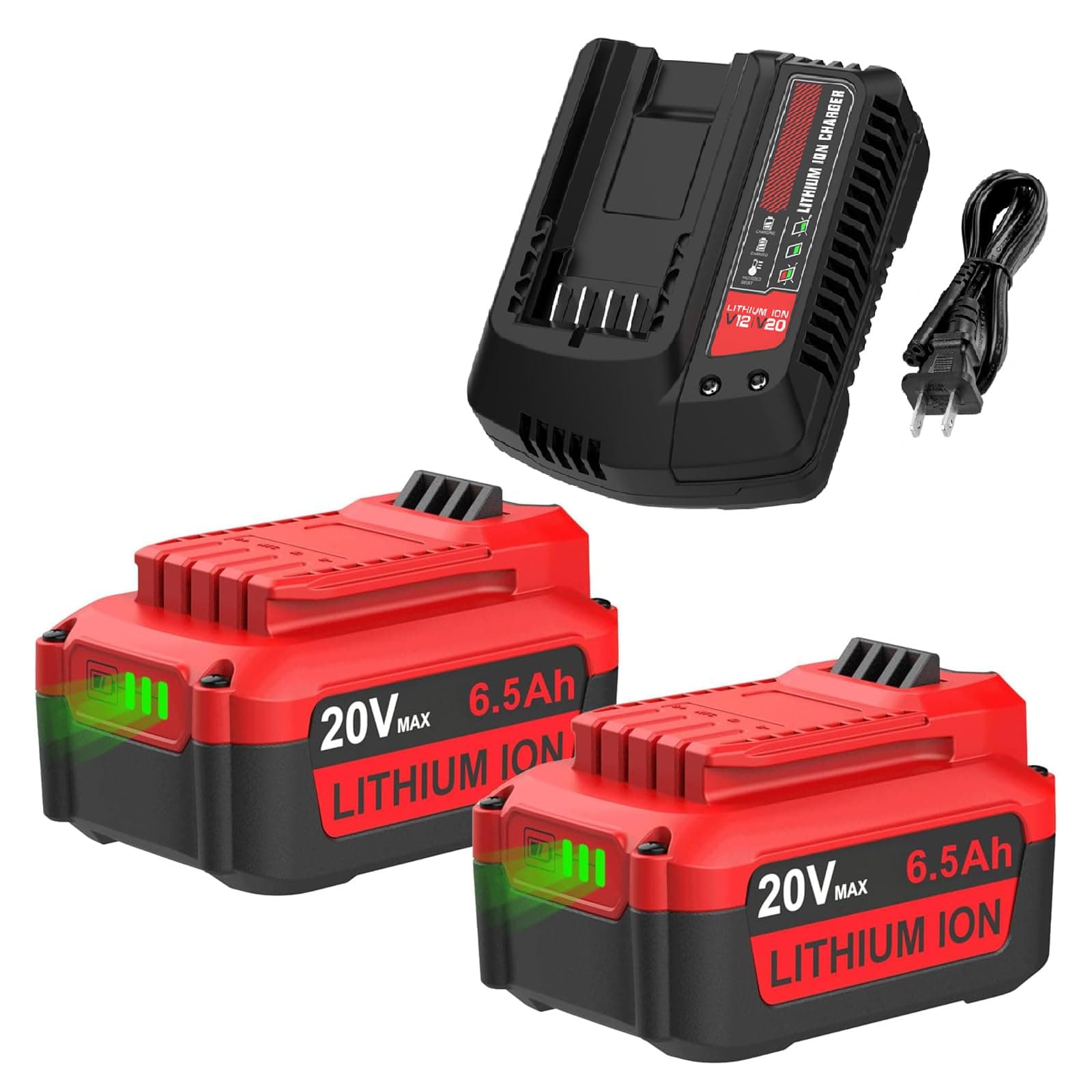 Powilling 2Pack 20V V20 Lithium Battery & Charger Set, 6.5Ah High Capacity Long Lasting Replacement for Craftsman V20 Series CMCB202 CMCB204 CMCB205 CMCB206 CMCB201 CMCB100 CMCB124