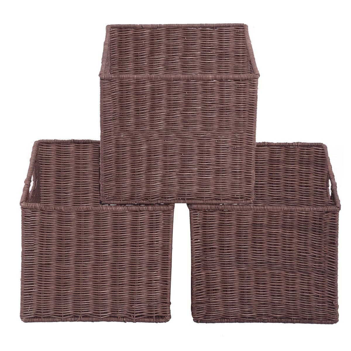 Set of 3 Wicker Rattan Storage Baskets Nest Nesting Sage Cube Bin Box Organizer Home Office Room