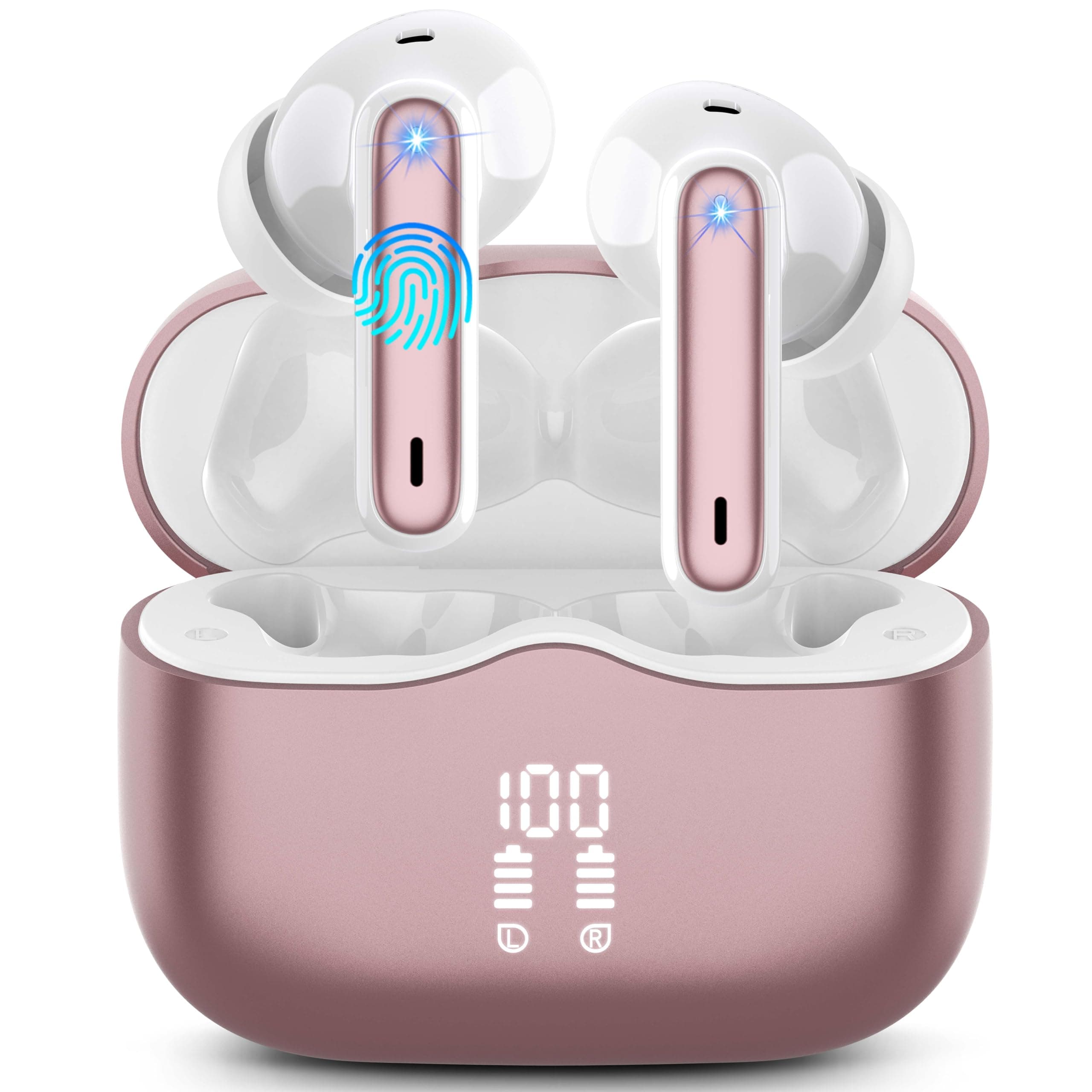 Wireless Earbuds, Bluetooth 5.3 Headphones in Ear with HiFi Stereo Deep Bass, 4 ENC Noise Cancelling Mic Wireless Earphones 40H Playtime, Bluetooth Earbud Dual LED Display, IP7 Waterproof, Rose