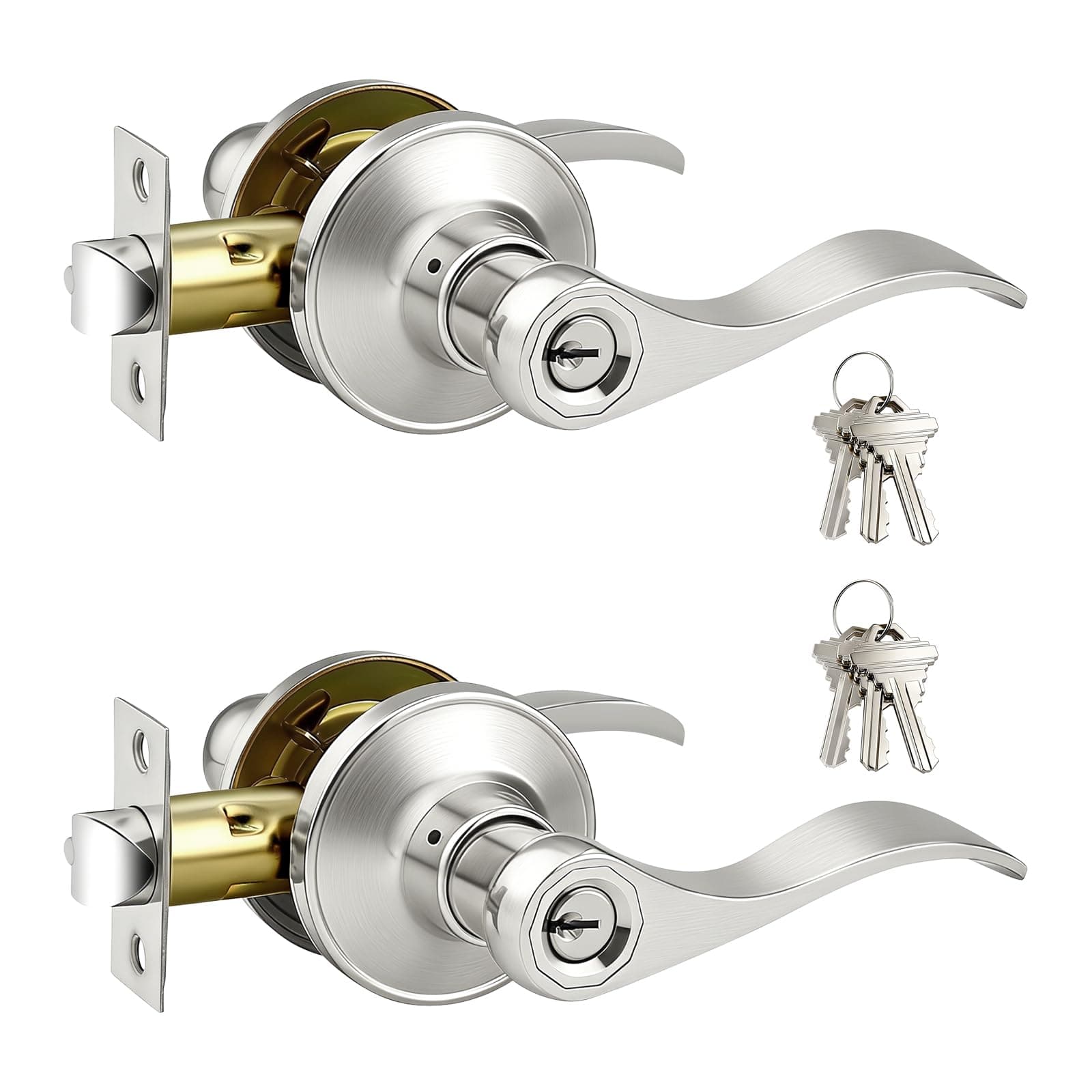 Gobrico Satin Nickel 2 Pack Keyed-Alike Wave/Drop-Style Door Handle Levers, Knobs with Lock and Same Key for Exterior Entrance Door