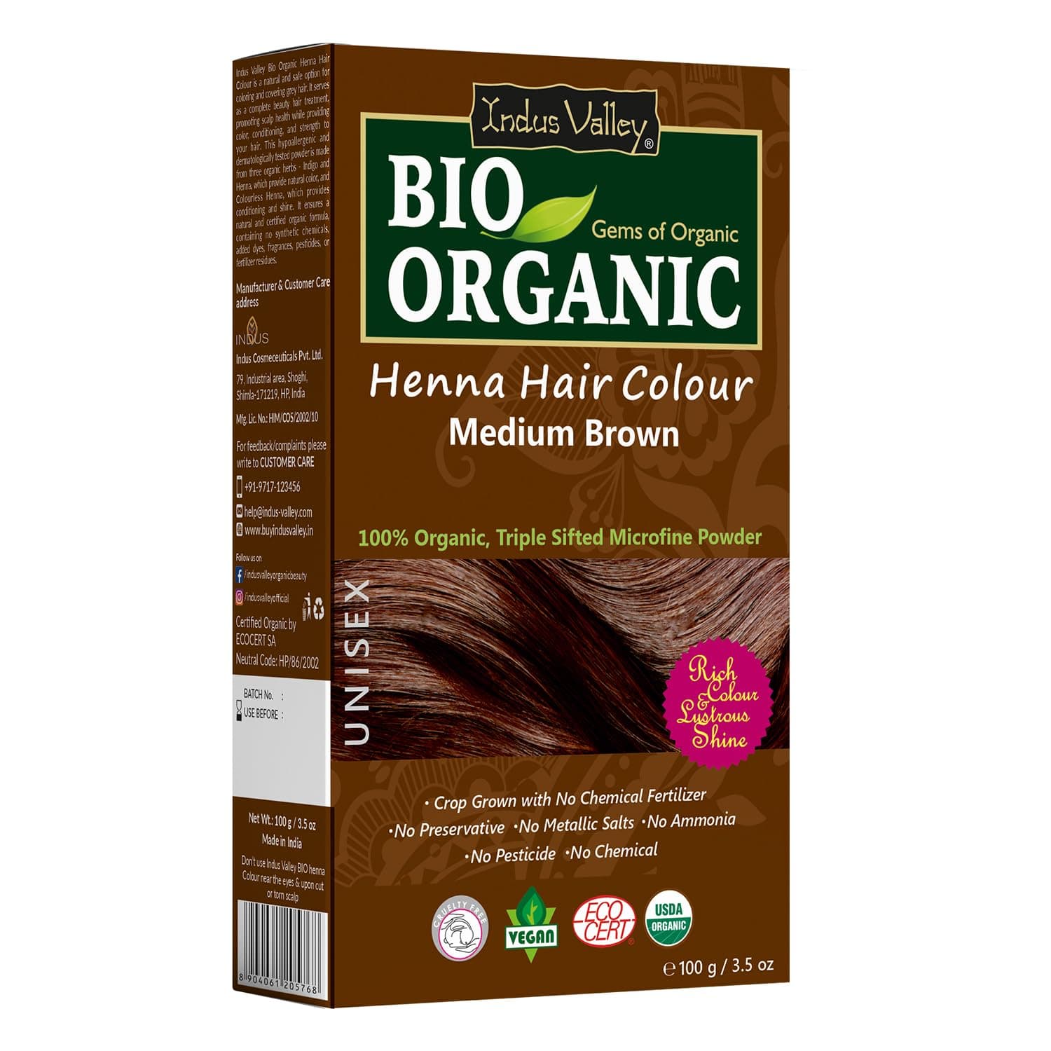 Medium Brown: Indus Valley Bio Organic Chemical Free Natural Medium Brown Henna Hair Color For Grey Coverage Hair