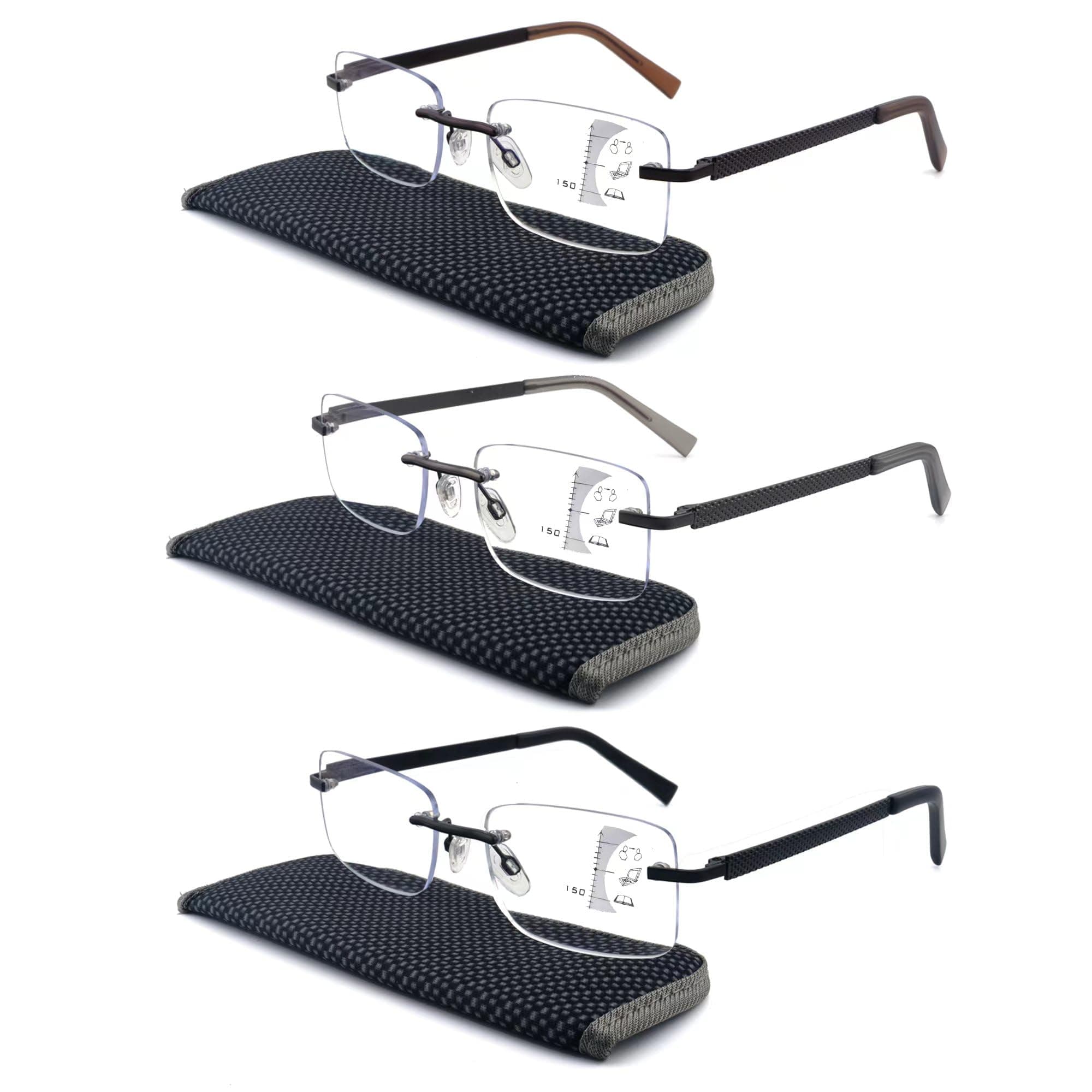 Mens Progressive Multifocus Reading Glasses, 3 Pack Rimless Multifocal Readers No Line Blue Light Blocker (Top is not 0, +1.75)