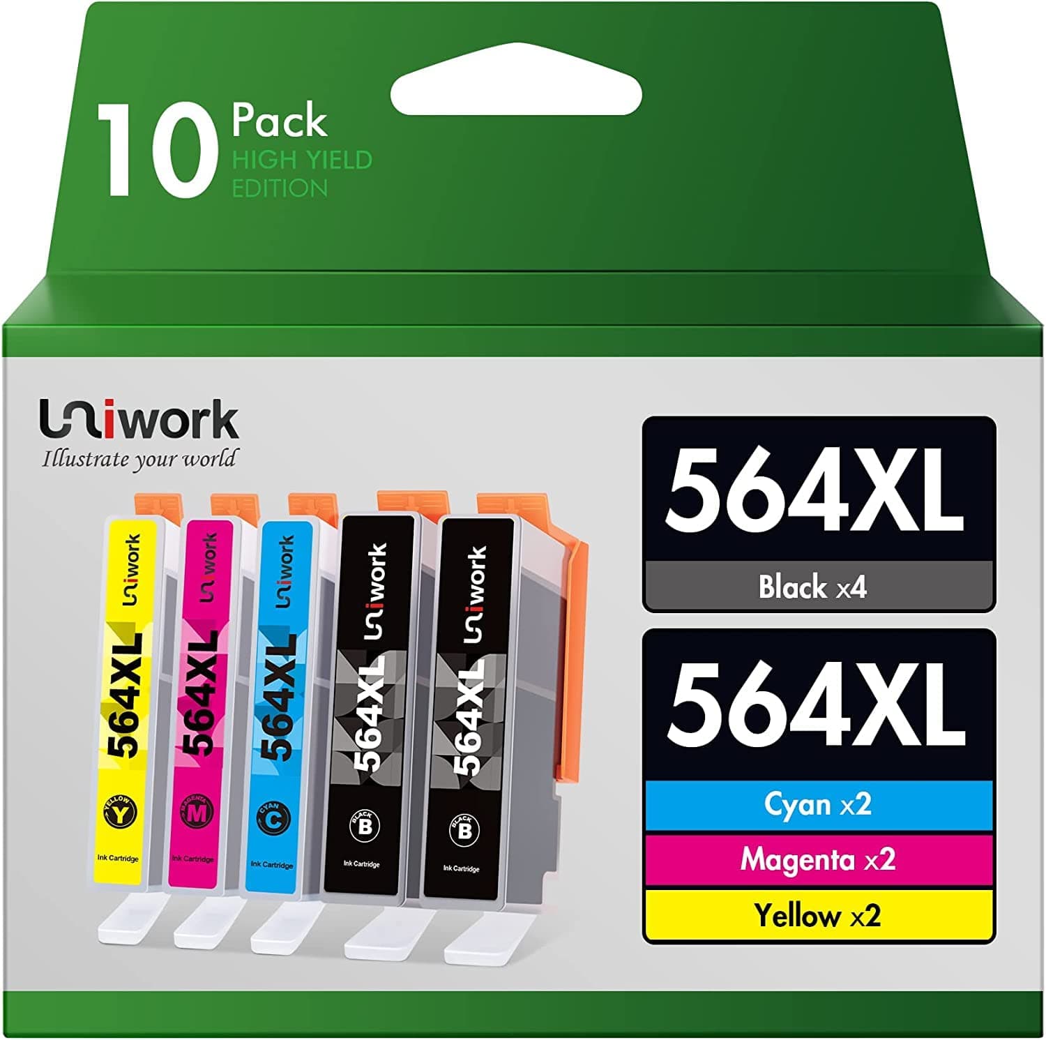 UniworkCompatible Ink Cartridge Replacement for HP 564 564XL Replacement for Photosmart 6520 5520 4620 5510 C410a 6525 5514 OfficeJet 7510 4620 DeskJet 3522 Printer Tray (4BK/2C/2M/2Y) 10 Pack