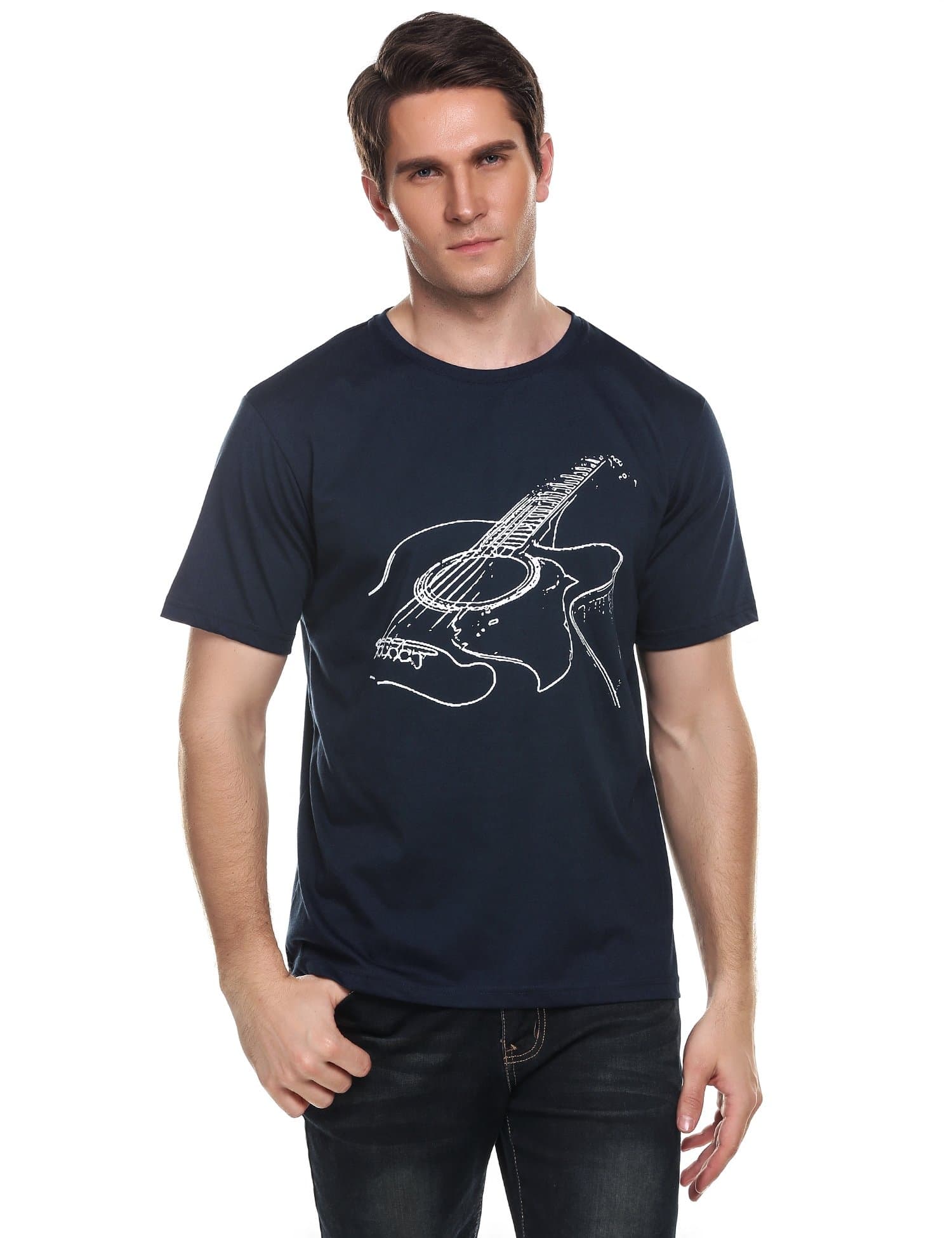 Coonfandy Men's O Neck Tee Casual Artistic Guitar Print Basic T Shirt Navy Blue