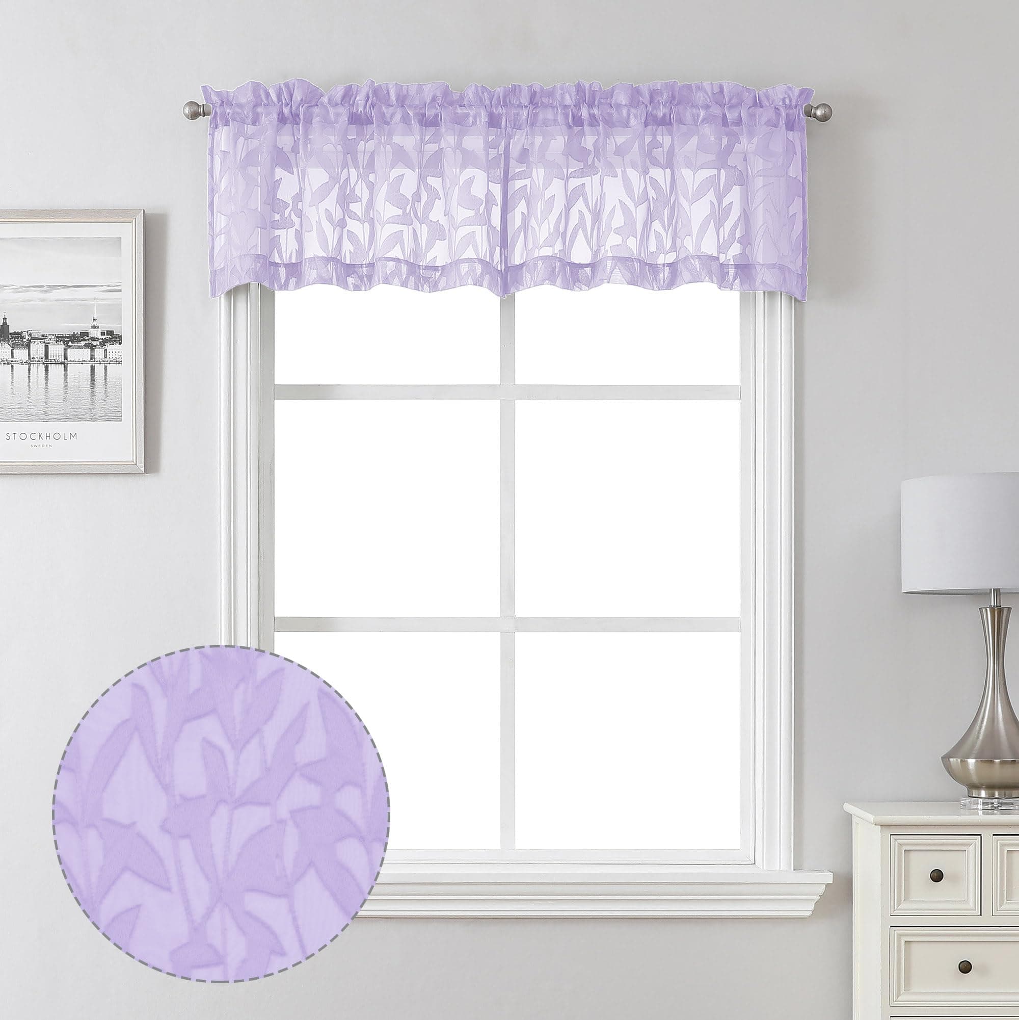 Lecloud Leia Light Purple Sheer Curtains 14 Inch Length 2 PCS, Dual Rod Pockets Living Room Window Short Curtains Valances, Jacquard Clip Textured Leaf Bedroom Decor, 38 W x 14 L