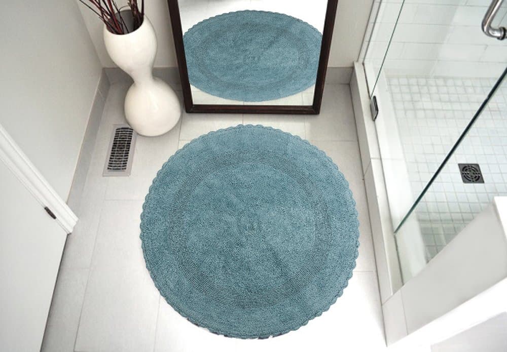 Bath Rug 100% Soft Cotton 36 Inch Round, Reversible-Different Pattern On Both Sides, Solid Arctic Blue Color, Hand Knitted Crochet Lace Border, Hand Tufted, 200 GSF Wt, Machine Washable