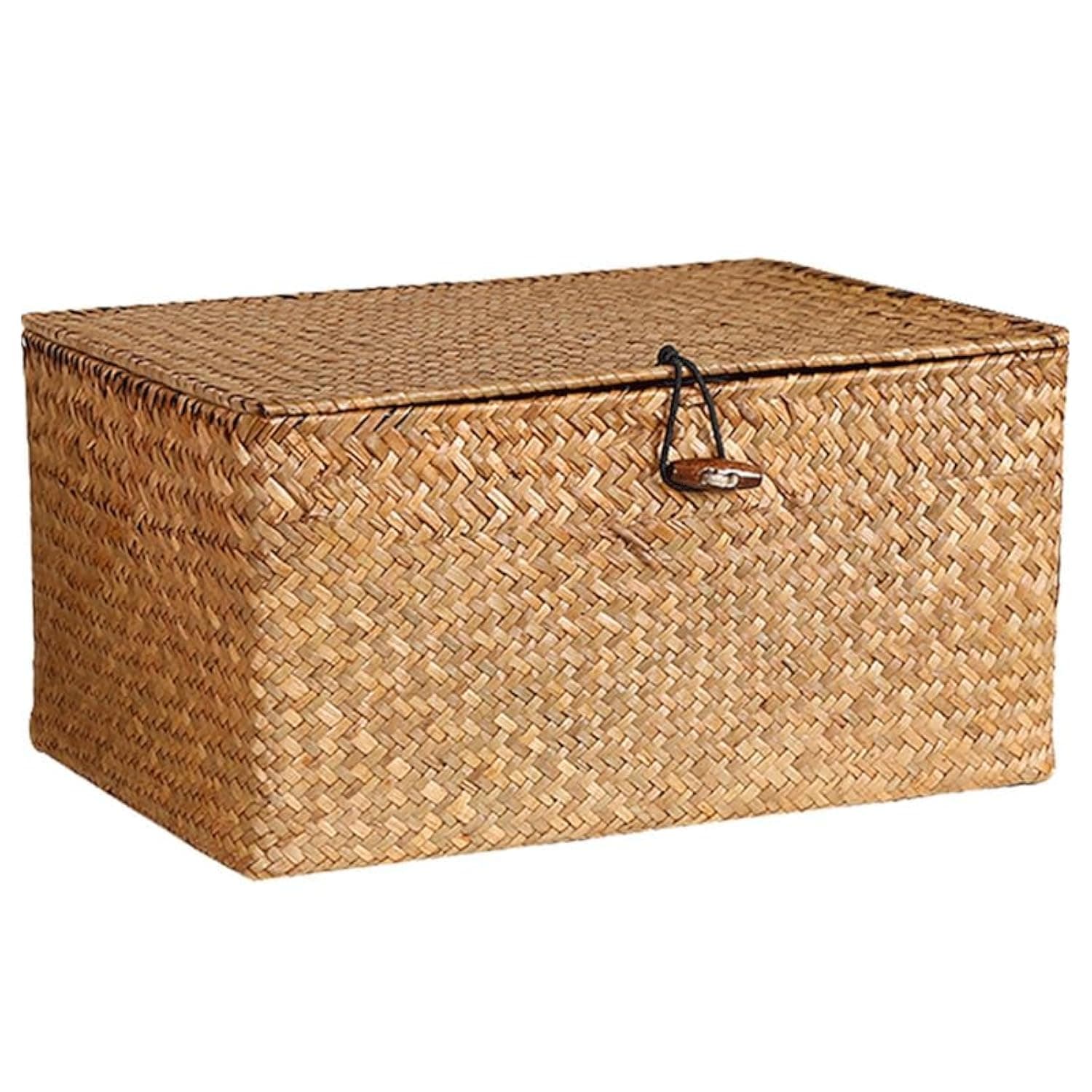 PYEBE Shelf Baskets Bin with Lid, Handwoven Seagrass Basket Storage Bins Rectangular Household Basket Boxes for Shelf Wardrobe Home Organizer (Caramel, Small)