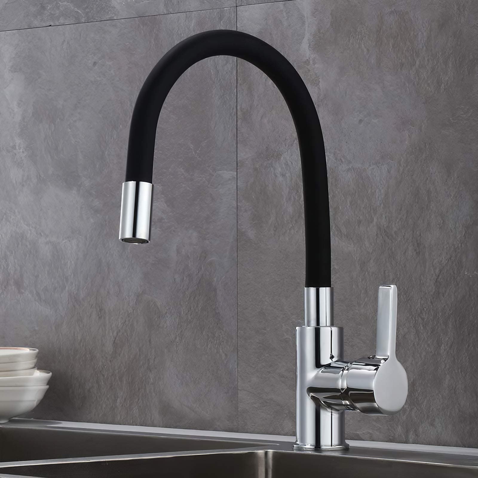 GAVAER Kitchen Tap, Kitchen Mixer Tap with a Bendable Silicone Hose, 360°Swivel, Ceramic Valve, Single Lever, Chrome Finish Solid Brass.