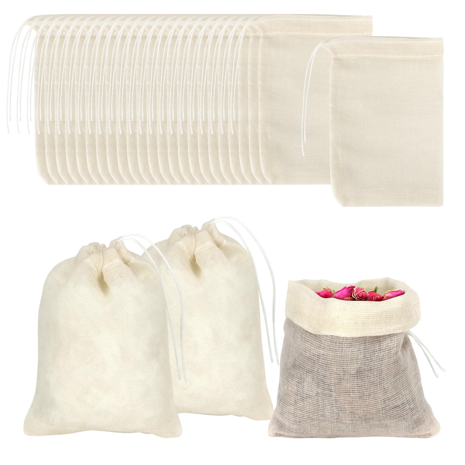 Weoxpr 24 Pieces Reusable Tea Filter Bags 4 x 6 Inch, Natural Muslin Drawstring Bags for Loose Leaf Tea, Spice, Cooking Soup & Bone Broth - Fine Mesh Strainer Bag for Herbs, Coffee & DIY Sachets