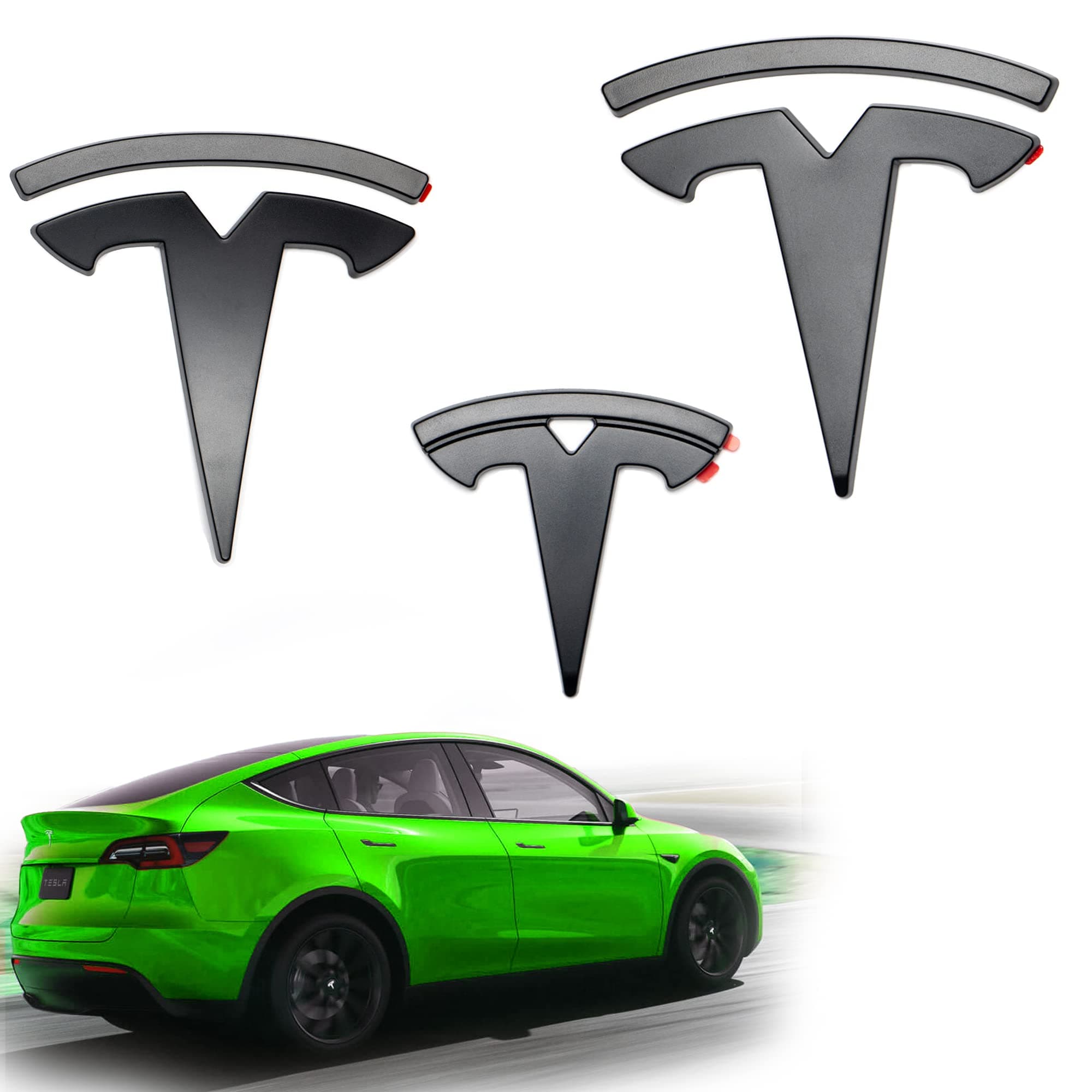 Emblem Logo for Tesla Model Y Black Matte Set of 3 Pieces Front/Rear/Steering Wheel Accessories (Tesla Model Y)