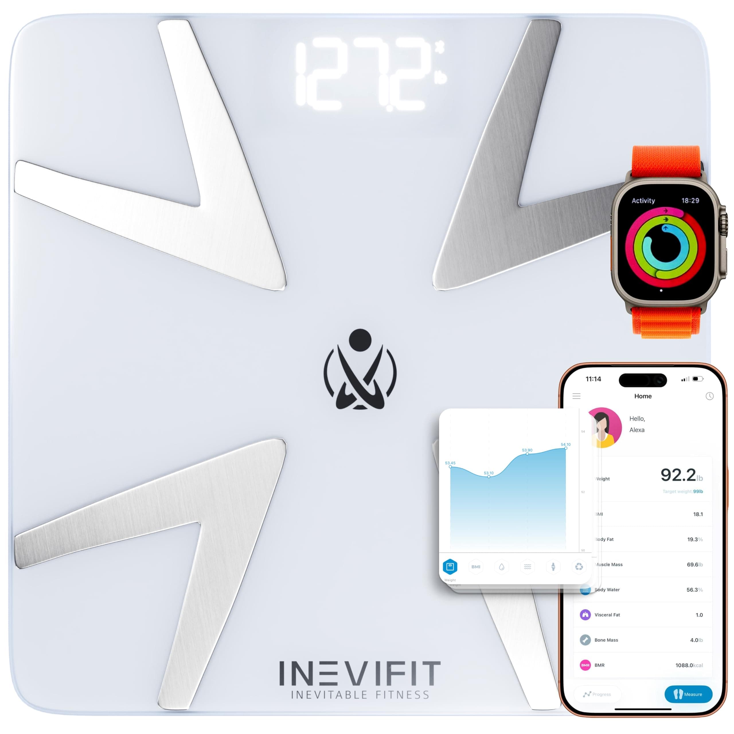 INEVIFIT SMART Body Fat Scale, Highly Accurate Bluetooth Digital Bathroom Body Composition Analyzer, Measures Weight, Body Fat, Water, Muscle, BMI, Visceral Fat & Bone Mass for Unlimited Users