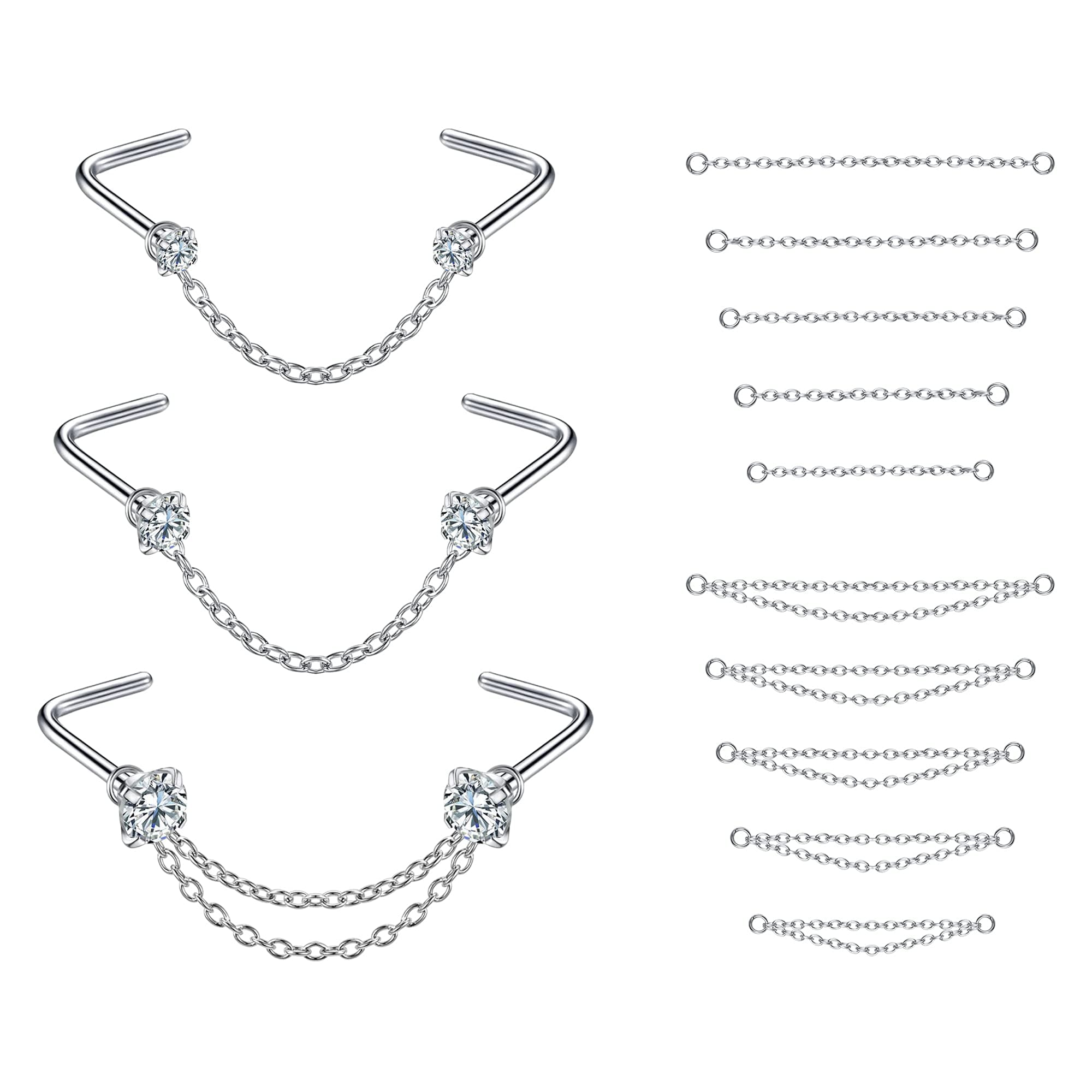 Nose Rings 20G - 2mm, 2.5mm, 3mm CZ Studs with Chain - Surgical Steel Nose Piercing Jewelry