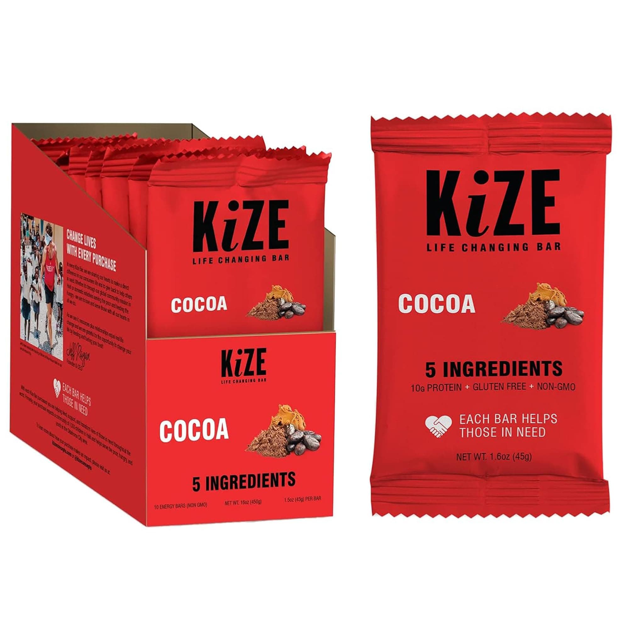 KiZE Energy Bars - Cocoa - 20-Count - Gluten Free, Non-GMO, and High Protein Meal Replacement Energy Bars, Clean and Simple Food Ingredients - 10g High Protein Snacks (20 Count)