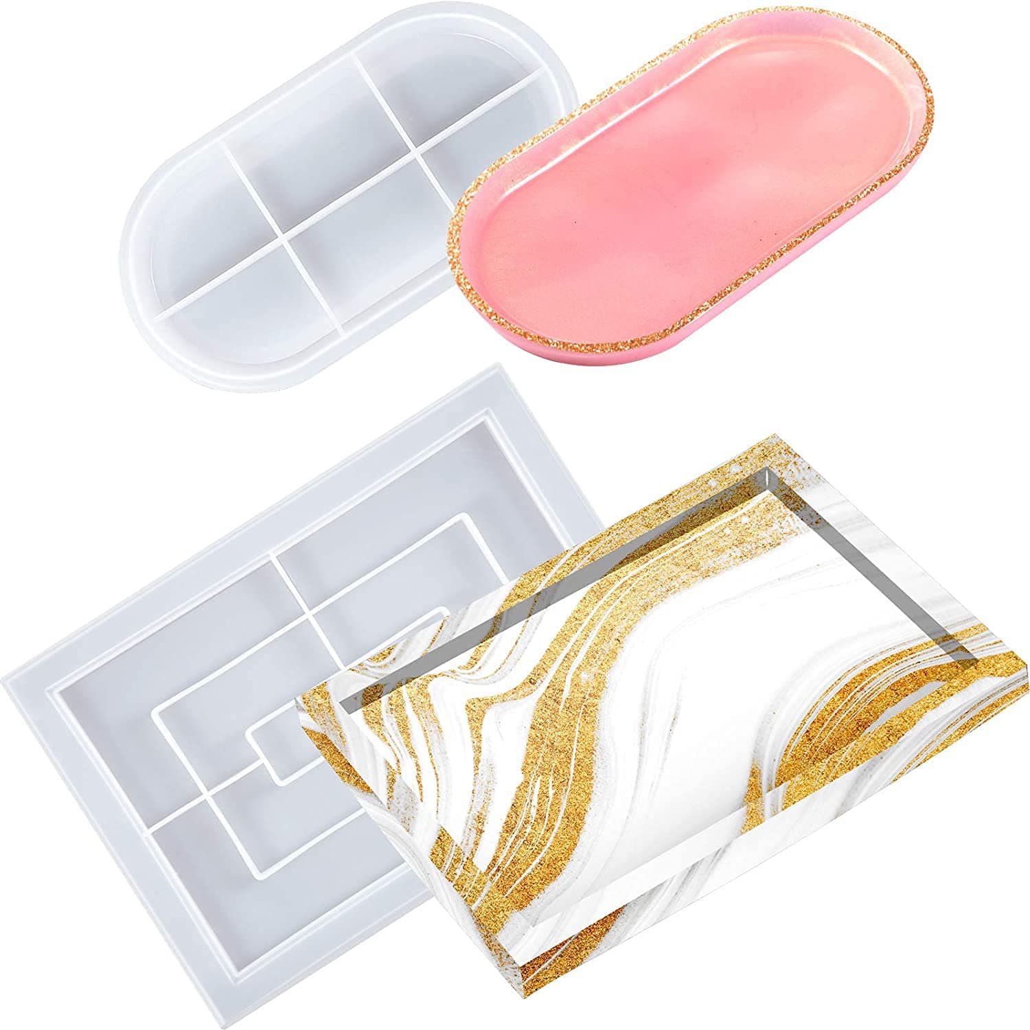 DELFINO 2 Pieces Silicone Tray Resin Mold Large Rectangle Rolling Tray Mold Oval Epoxy Casting Coaster Mold Resin Board Mold Jewelry Holder Mold Fruit Plate Tray Mold with Edge for Home Decor