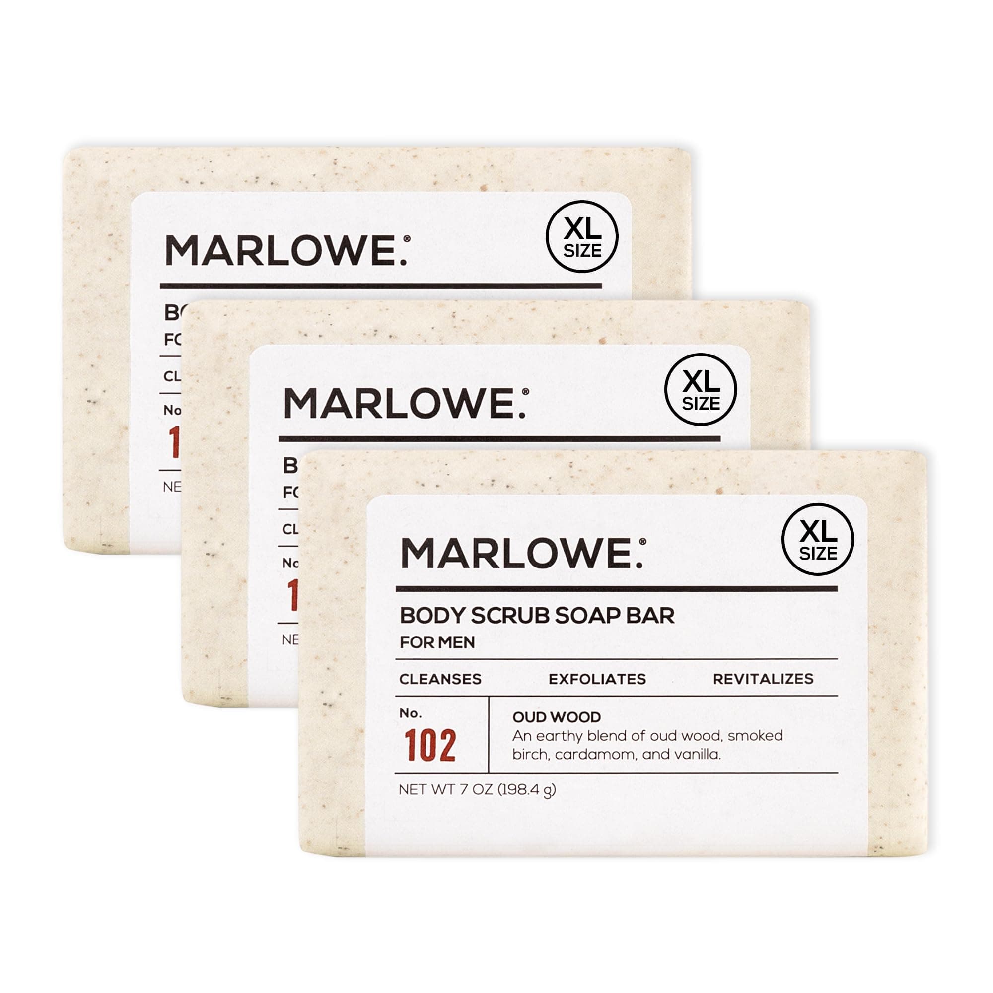 MARLOWE. No. 102 Body Scrub Soap 7 oz (3 Bars), Oud Wood, Exfoliating Soap Bar with Shea Butter, Olive Oil & Green Tea Extracts, Cleanses, Smooths & Revitalizes Skin, Earthy & Smoky Scent