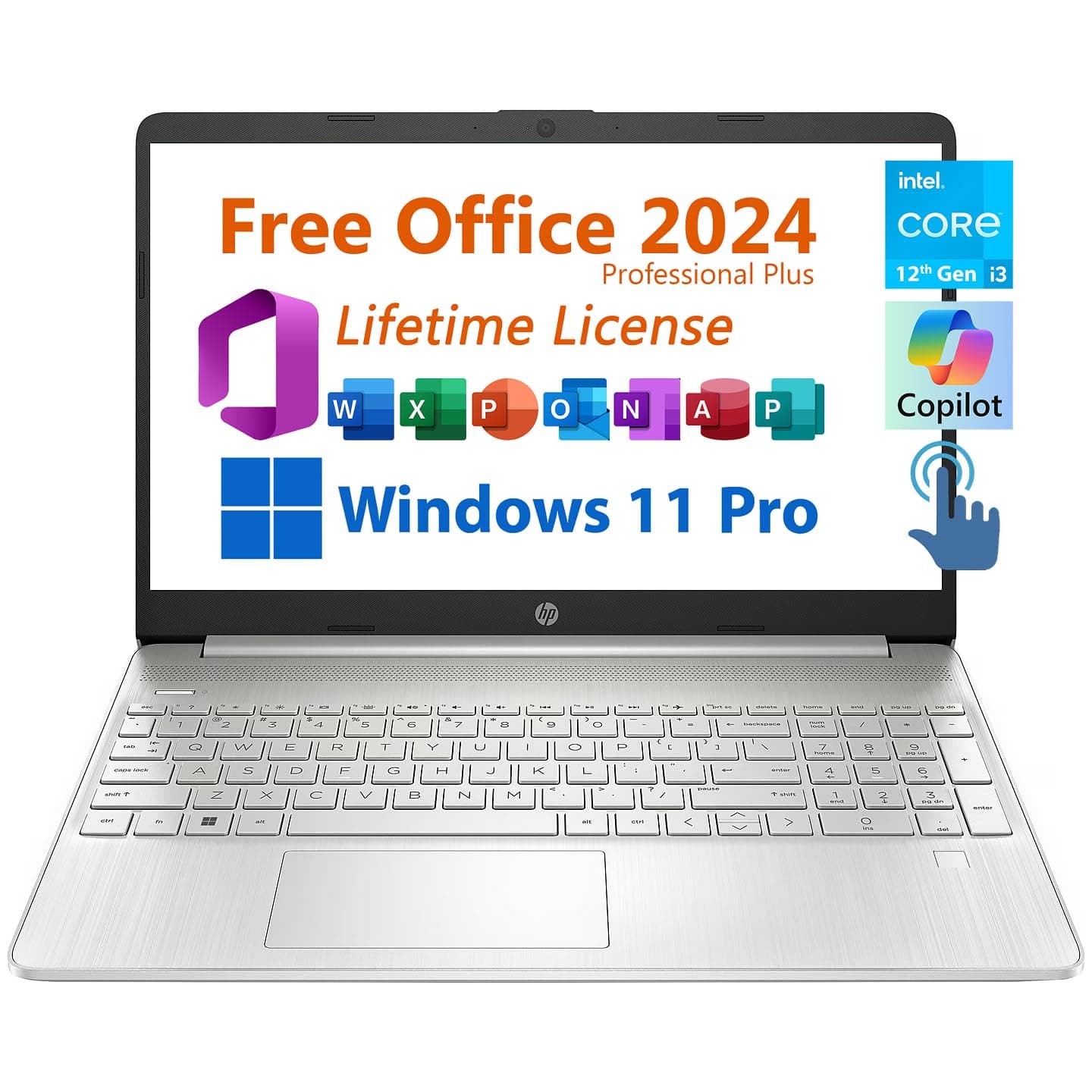 HP 15.6インチビジネスノートパソコン、無料のMicrosoft Office 2024生涯ライセンス、Copilot AIチャット、HDタッチスクリーンディスプレイ、Intel 6-Core i3-1215U 4.4GHz、16GB RAM、512GB SSD、長いバッテリー寿命、Windows 11 Pro。