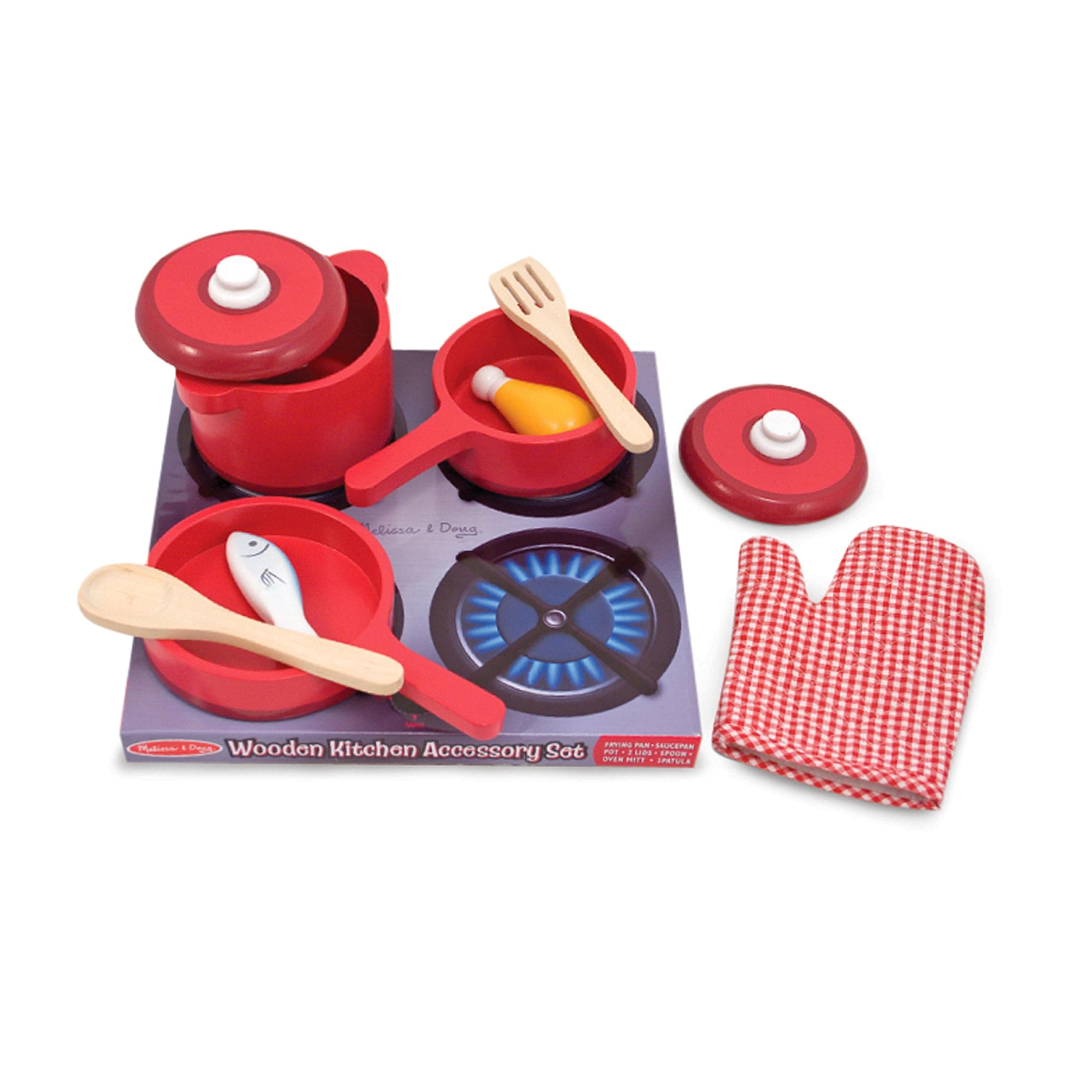 Kitchen Accessory Set – 8-Piece Pretend Play Pots & Pans Toy Set – Includes Frying Pan, Stockpot, Utensils & Mitt – Realistic Stainless-Look Kitchen Tools for Kids Ages 3+