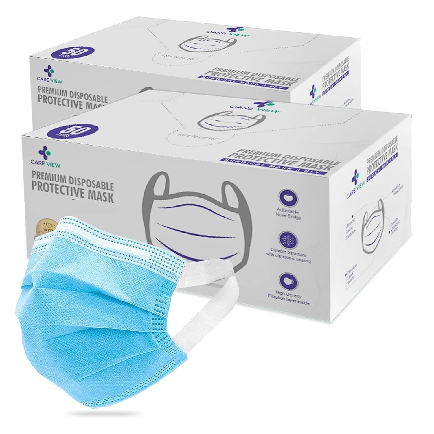- Careview 3 Ply Disposable Face Mask Box with FABRIC Earloop and built in Nose Pin (Pack of 100, BLUE)