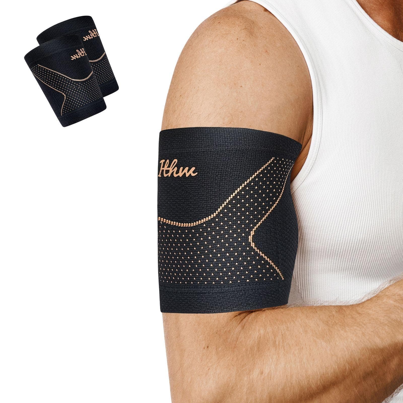 Copper Bicep Tendonitis Brace, Upper Arm Compression Sleeve for Pain Relief, Bicep Brace for Men and Women Muscle Strains Recovery (Copper, Large)