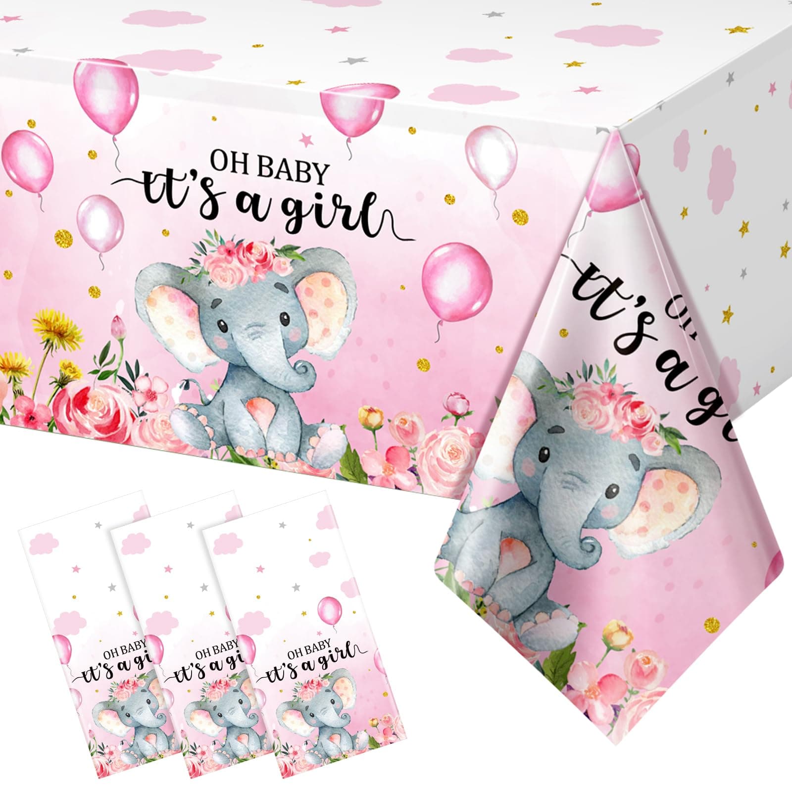 3 Pack Elephant Baby Shower Decorations - Plastic Tablecloth Table Cover Backdrop for Boy Girl Gender Party Supplies, 54 x 108 Inch, Pink