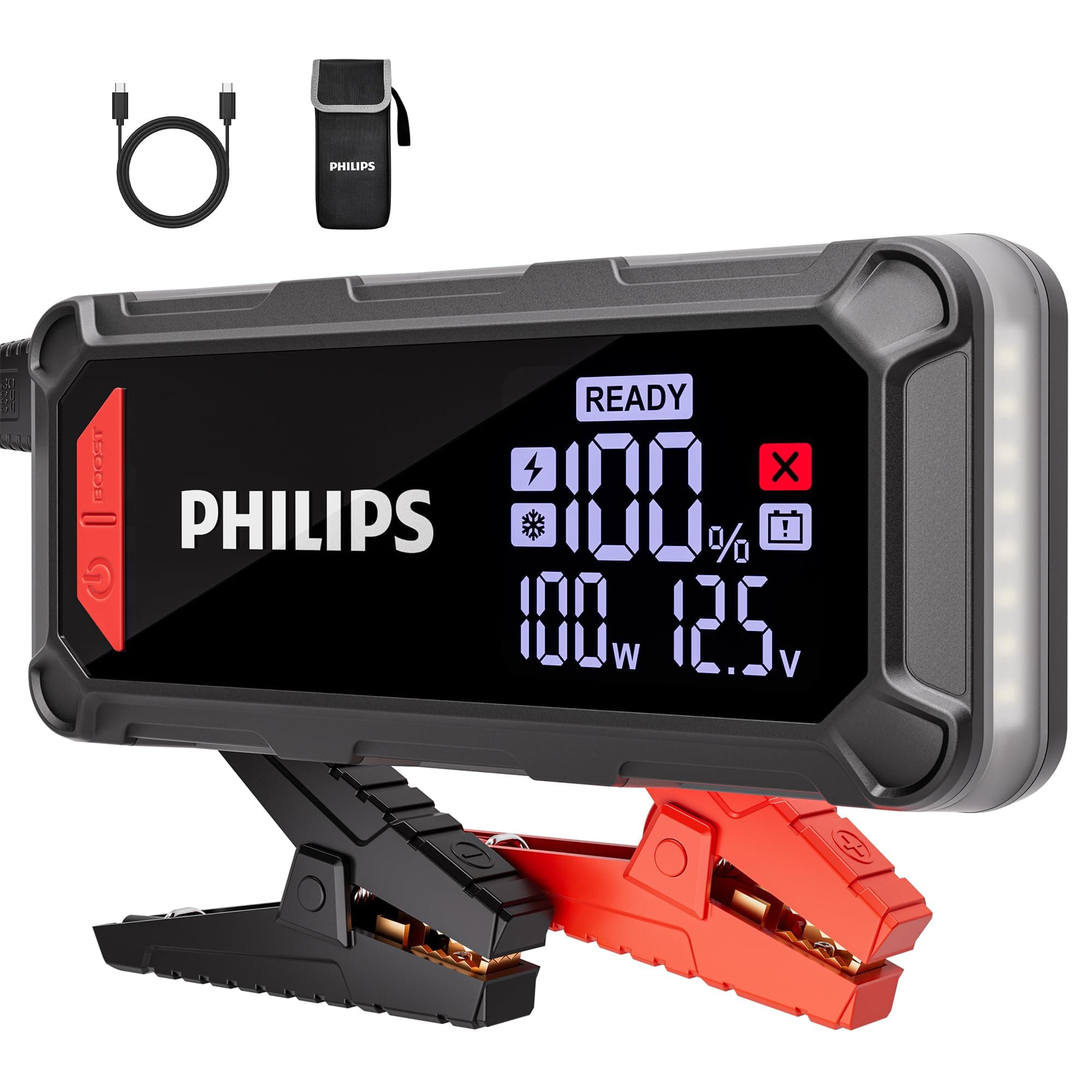 PHILIPS 3500A Car Battery Jump Starter, 12V 24000mAh Portable Lithium Jump Starter Battery Pack (11L Gas 8L Diesel Engine) with 100W Quick Charge,DC Output,LED Screen,LED Light