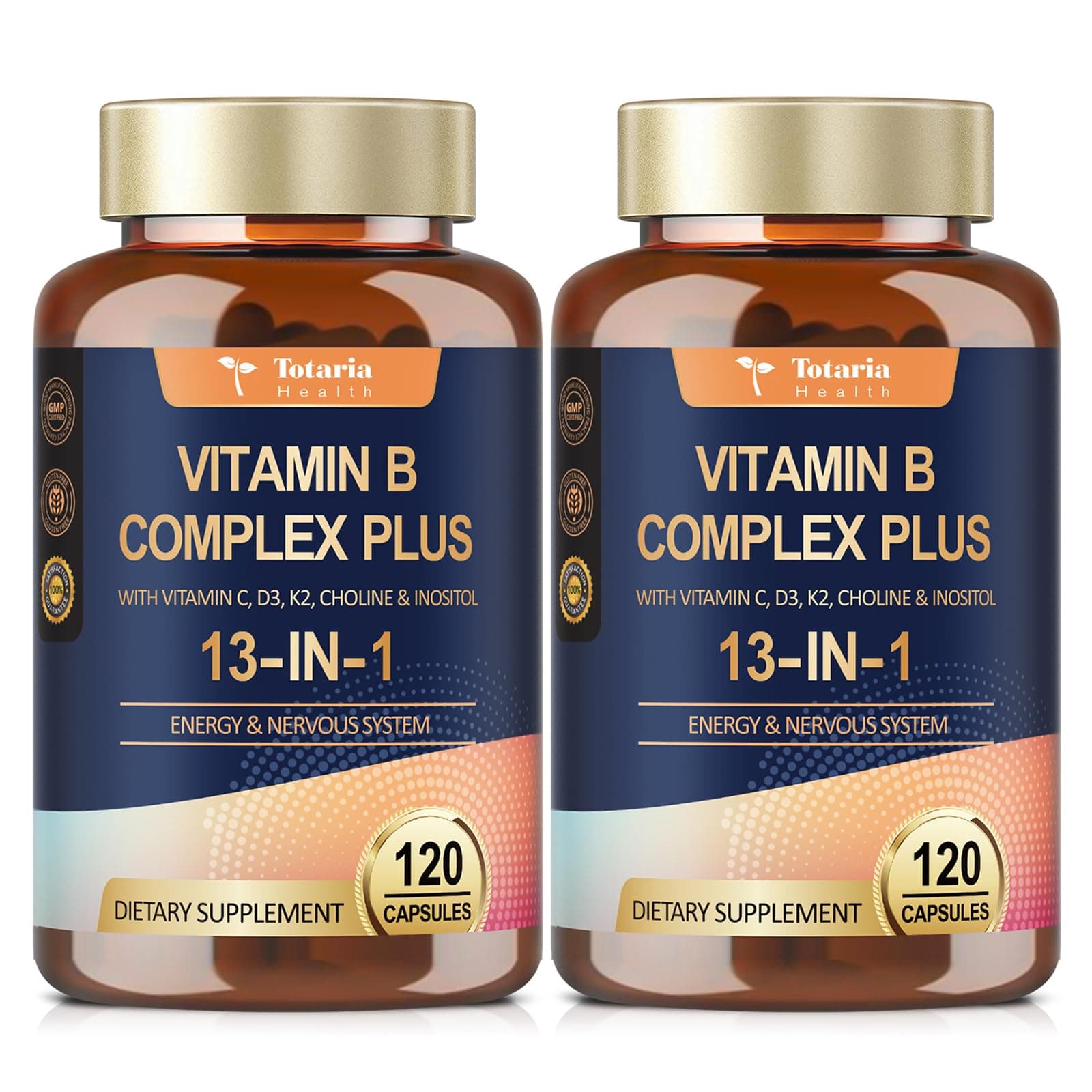 13-in-1 Vitamin B Complex Plus with Vitamin B1, B2, B3 (Niacin), B4, B5, B6, B7 (Biotin), B8 (Inositol), B9 (Folate), B12, C, D3, K2 for Energy, Nerve, Immune, Skin - 120 Caps per Bottle - 2 Bottles