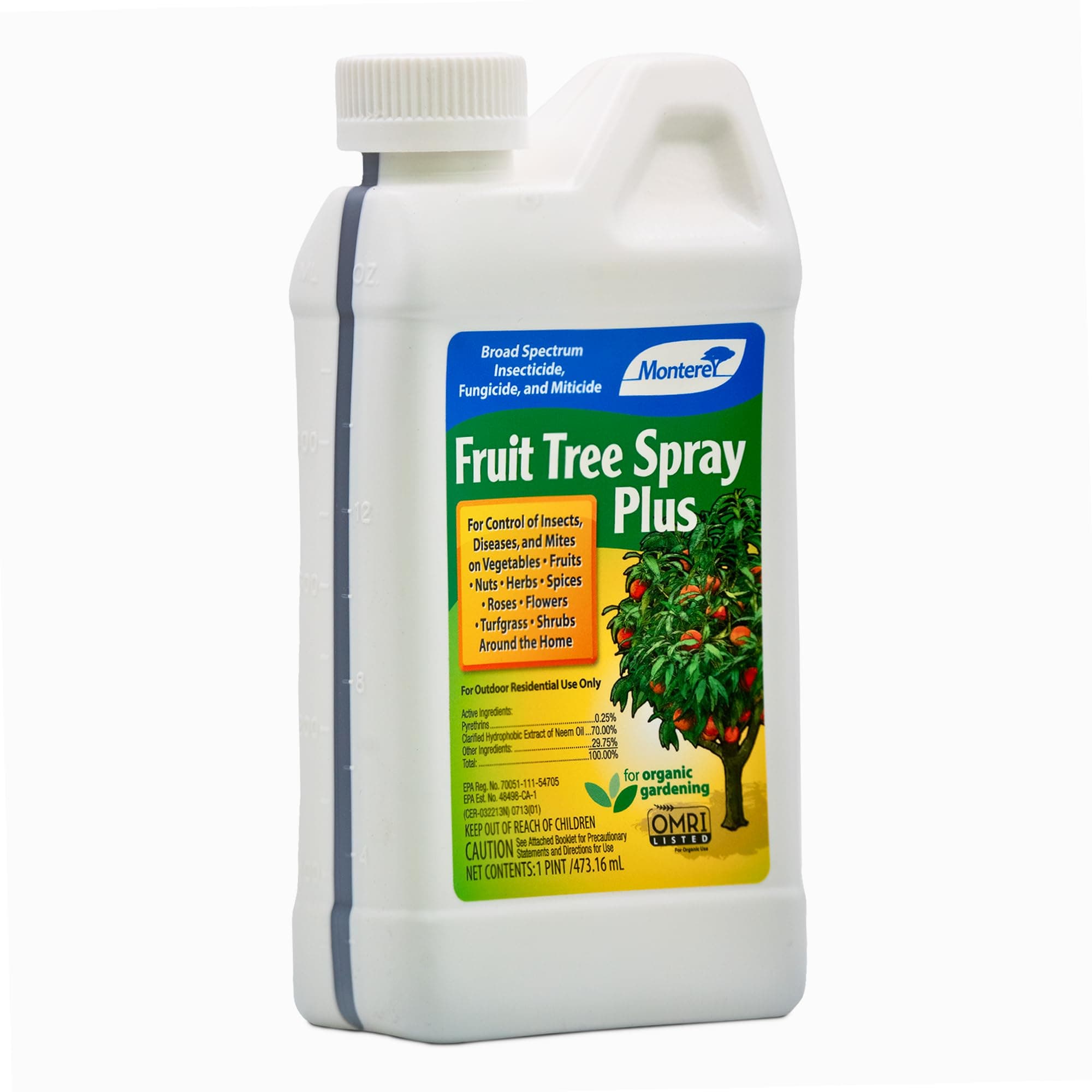 Fruit Tree Spray Plus for Control of Insects, Diseases, and Mites - Organic Gardening OMRI Listed, Contains Neem Oil and Pyrethrins - 15 oz