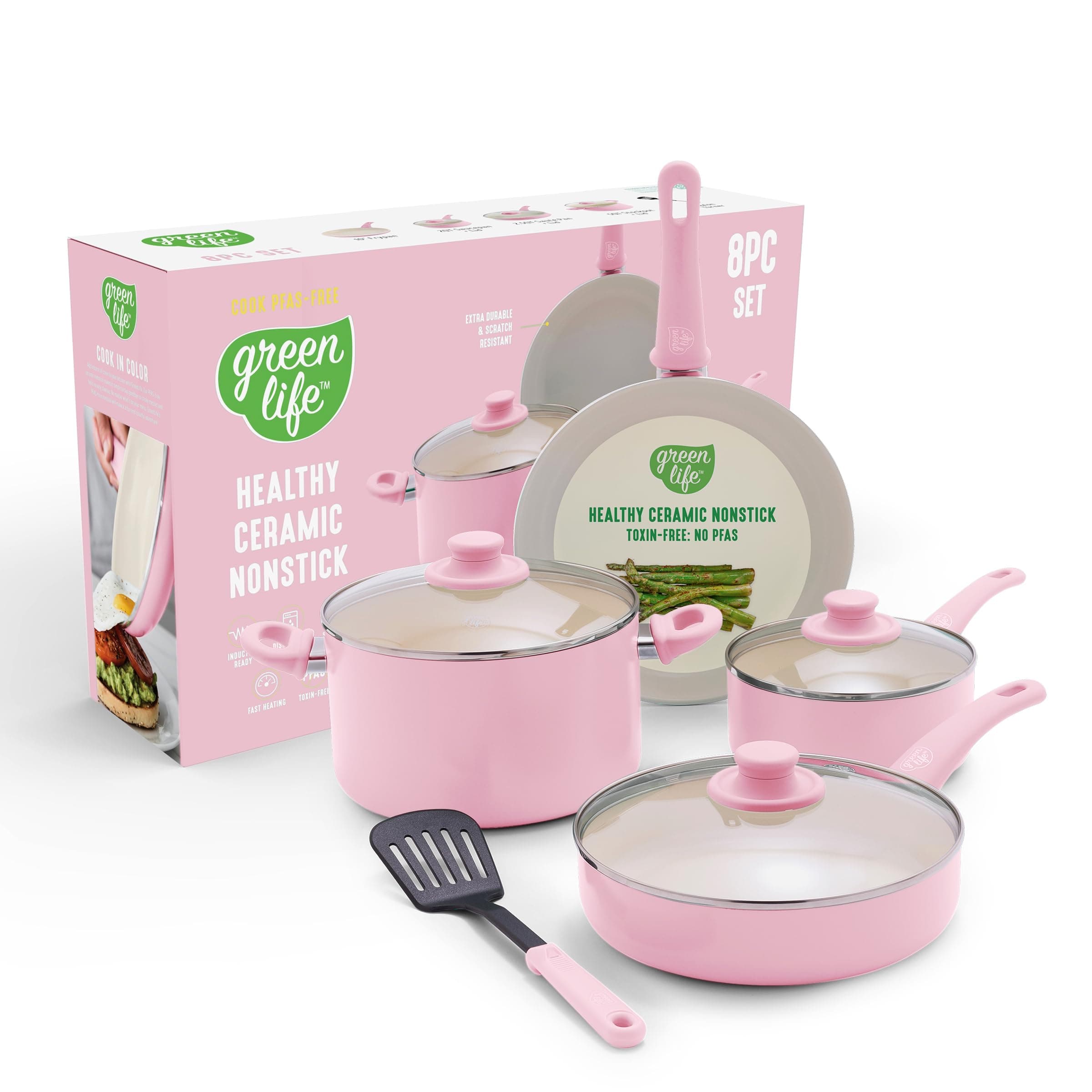 GreenLife Soft Grip 8-Piece Cookware Set, Healthy Ceramic Nonstick Pots, Frying & Sauce Pans, PFAS & PFOA Free, Dishwasher Safe, Even Heating, Versatile Kitchen Essentials, Soft Pink