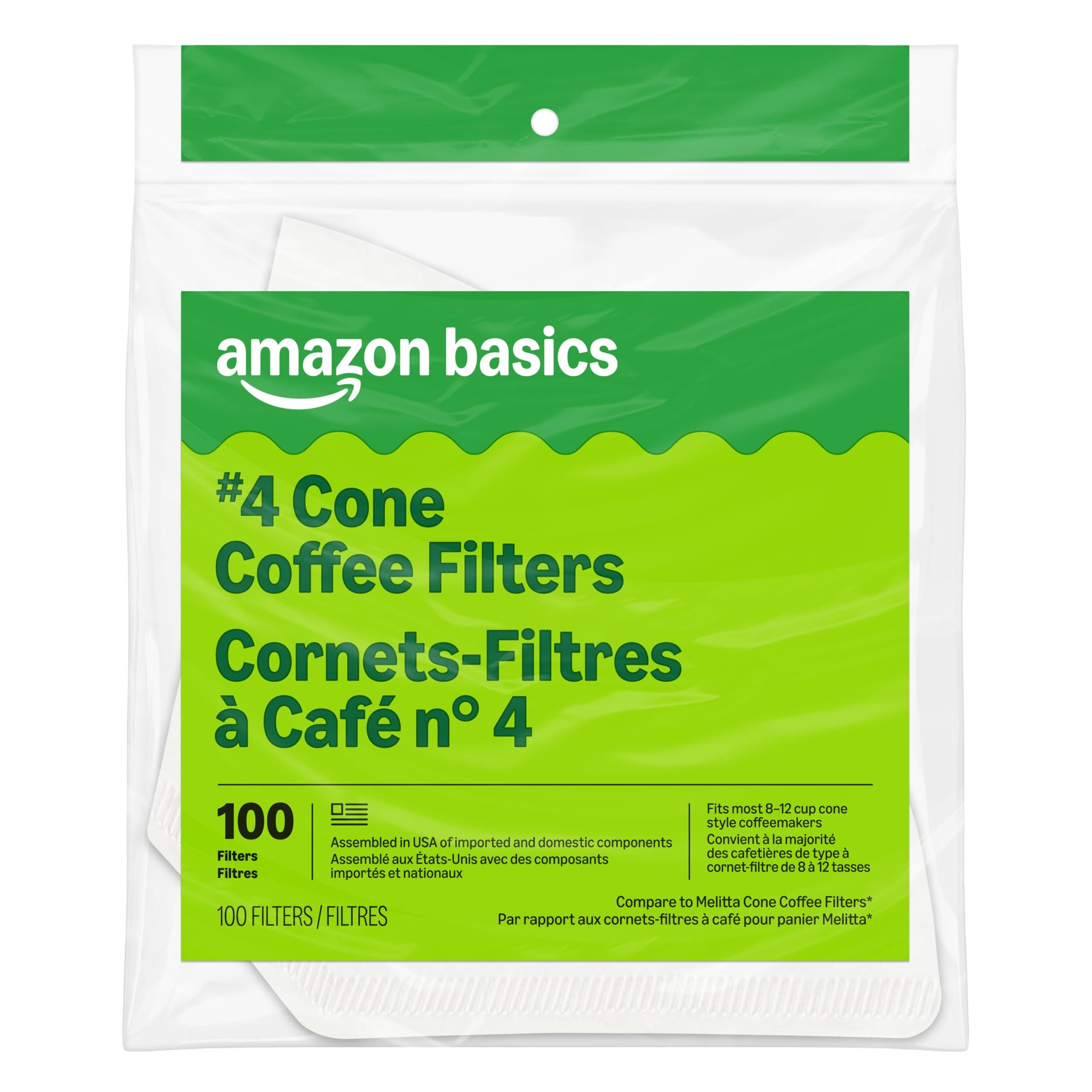 Amazon Basics Number 4 Cone Coffee Filters for 8-12 Cup Coffee Makers, White, 100 Count