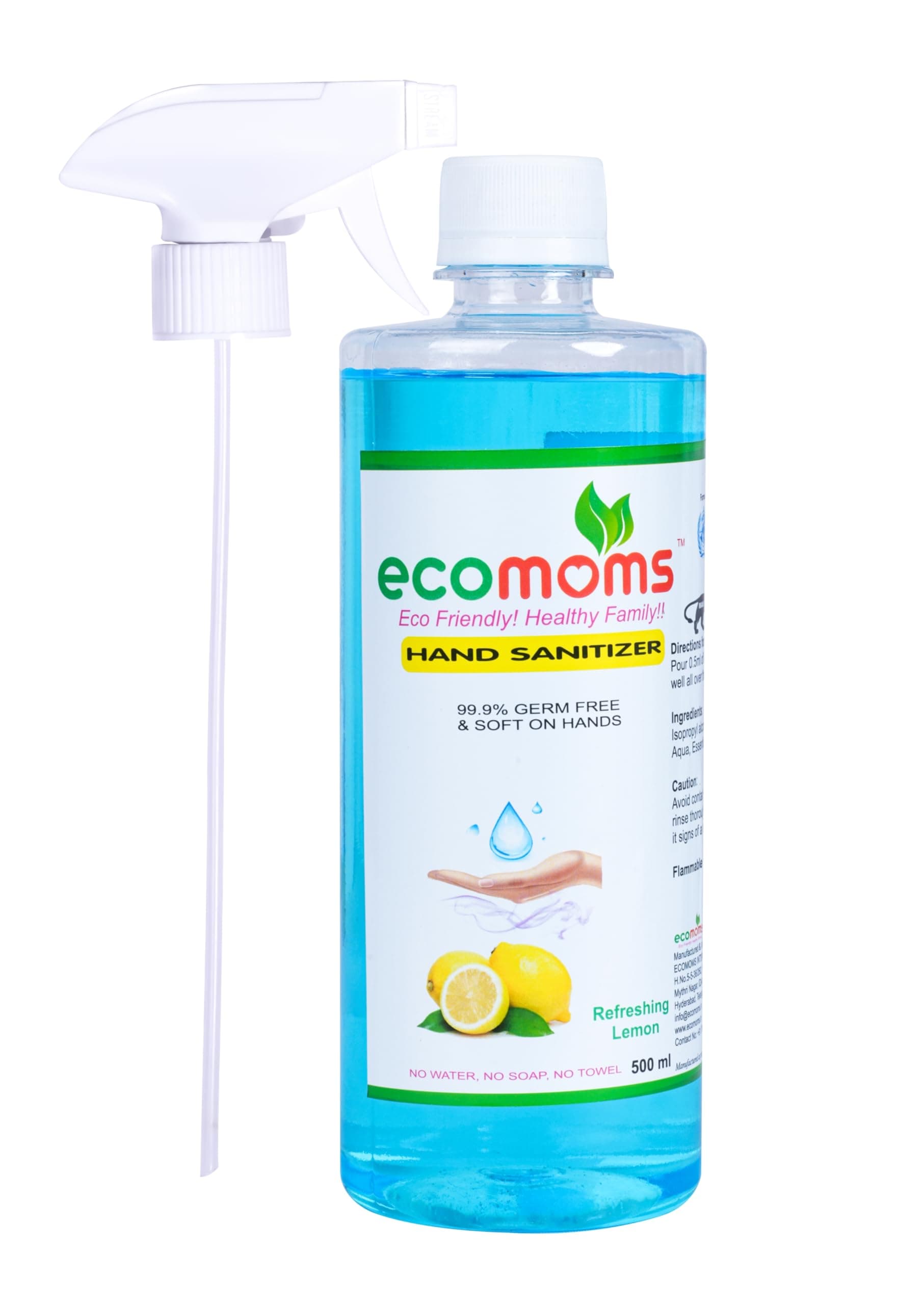 Ecomoms Hand Sanitizer 500ml 99.99% Effective Against Germs -75% Alcohol | Skin Friendly and Safe for Kids | Instant Germ-Free Protection 500ml (Pack of 1)