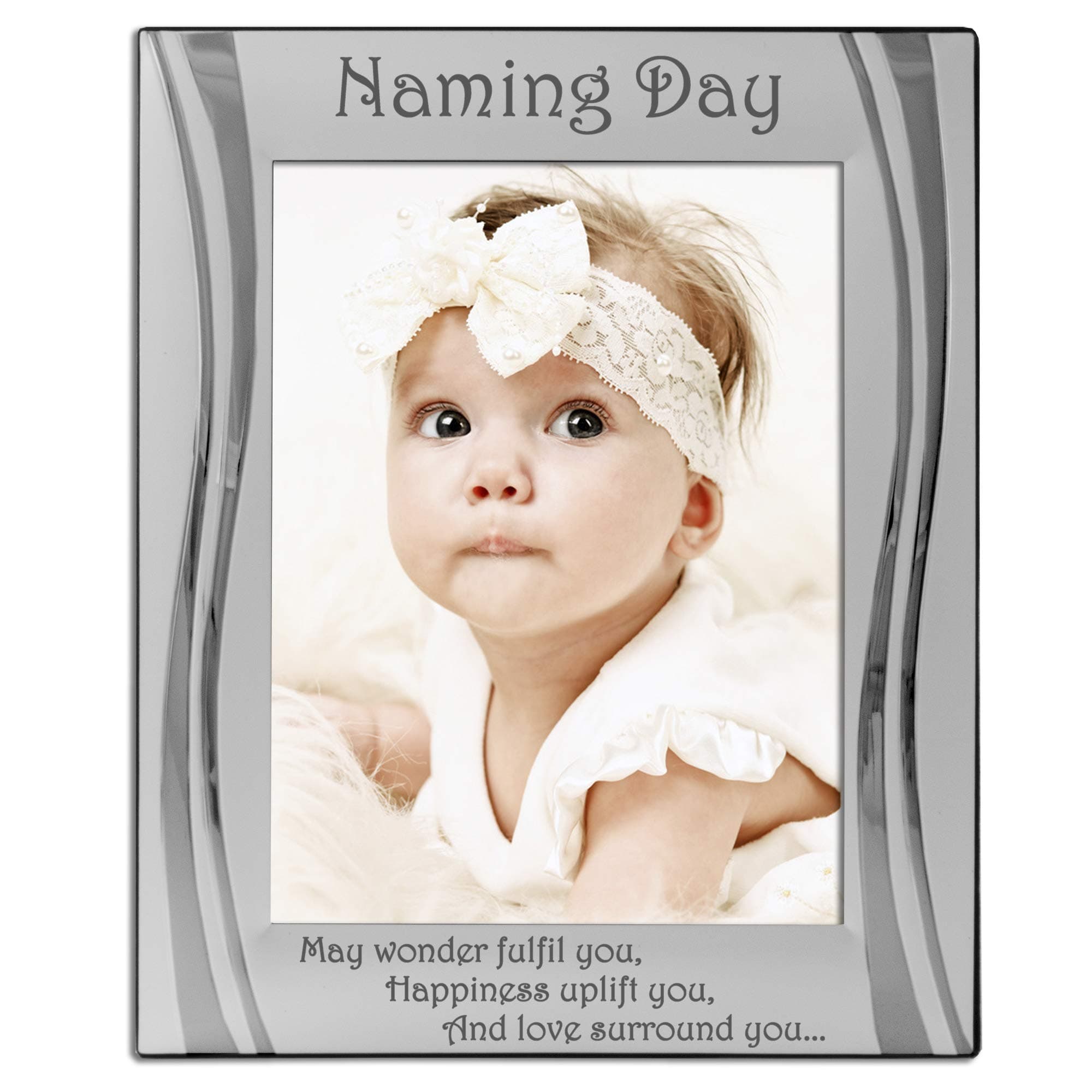 Large Naming Day Photo Frame, 8" X 6" Silver, Engraved with"May Wonder fulfil You, Happiness Uplift You, and Love Surround You." Naming Day Gift, Present,