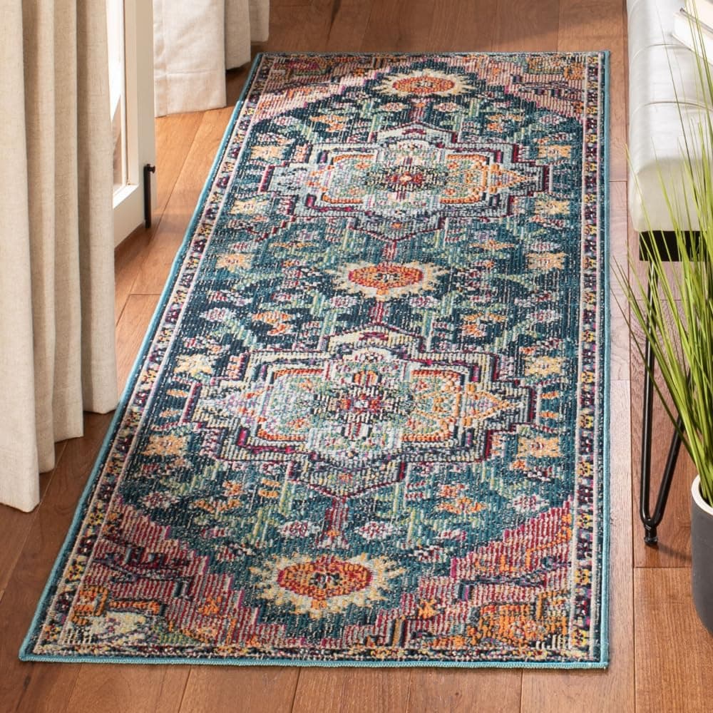 Boho Indoor Woven Runner Area Rug, Crystal Collection, CRS501, in Teal / Rose, 66 X 213 cm for Living Room, Bedroom or Any Indoor Space