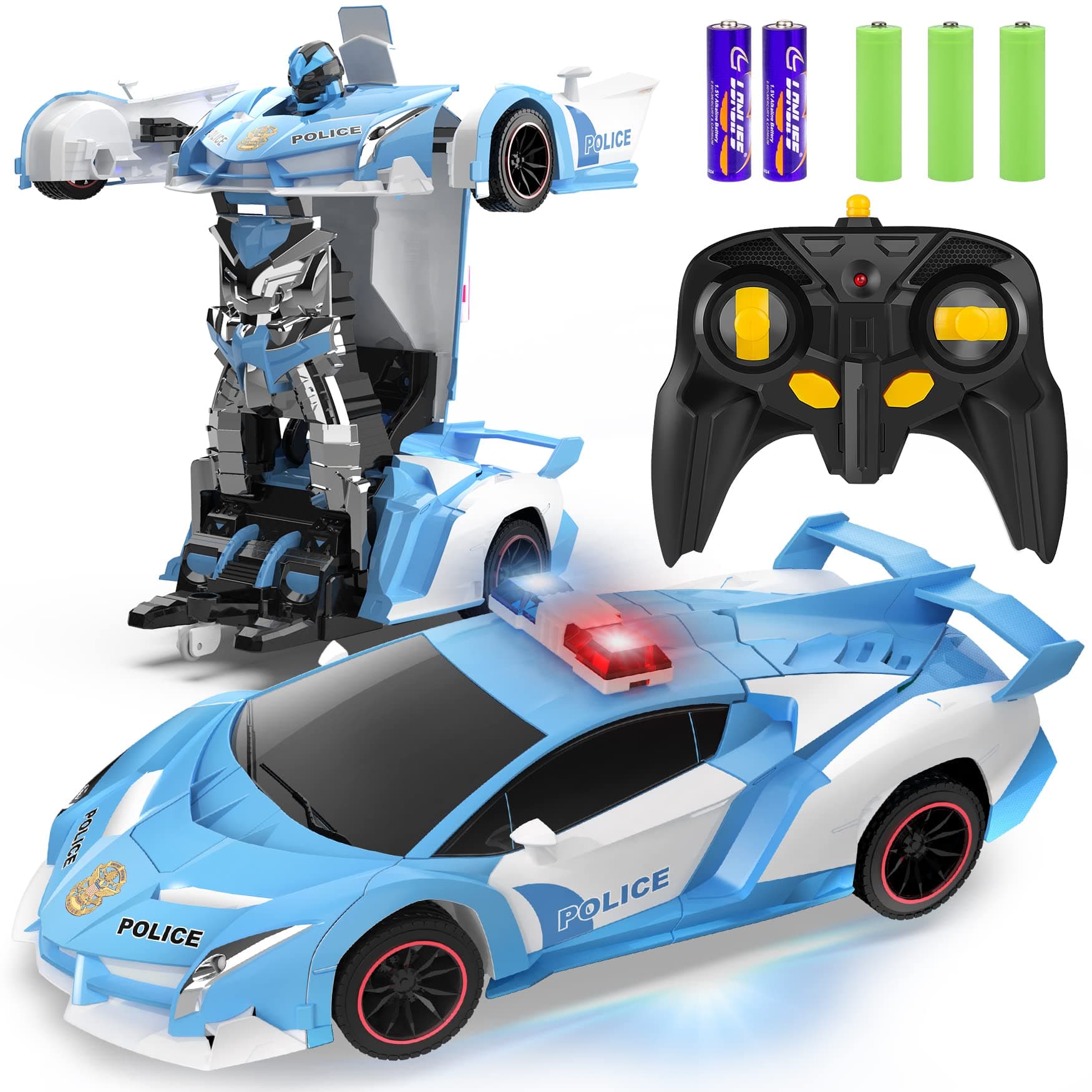 FDJ RC Cars - Transform Remote Control Car, 2.4Ghz 1:18 Scale Transforming Police Car Toy with Flashing Lights, One Button Deformation 360 Degree Rotating Drifting RC Cars for Boys Age 4-7 8-12 16