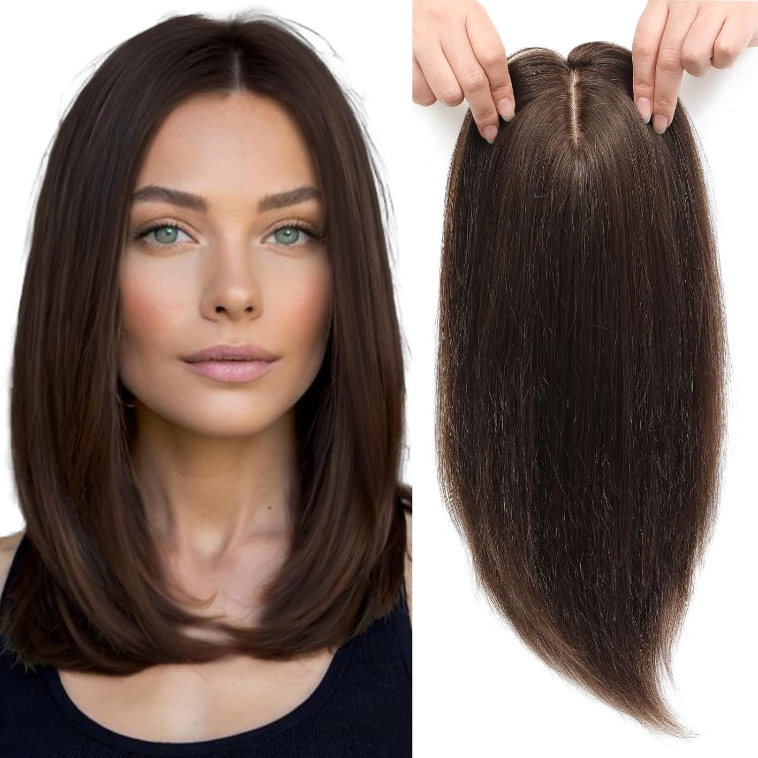 HAIR WALA™ 4 x 4 Inch Silk Base, 4 Clips Hair Toppers Hair Extension for Thinning Hair & Grey/White Hairs for Women,18 Inches Long, (Brown)