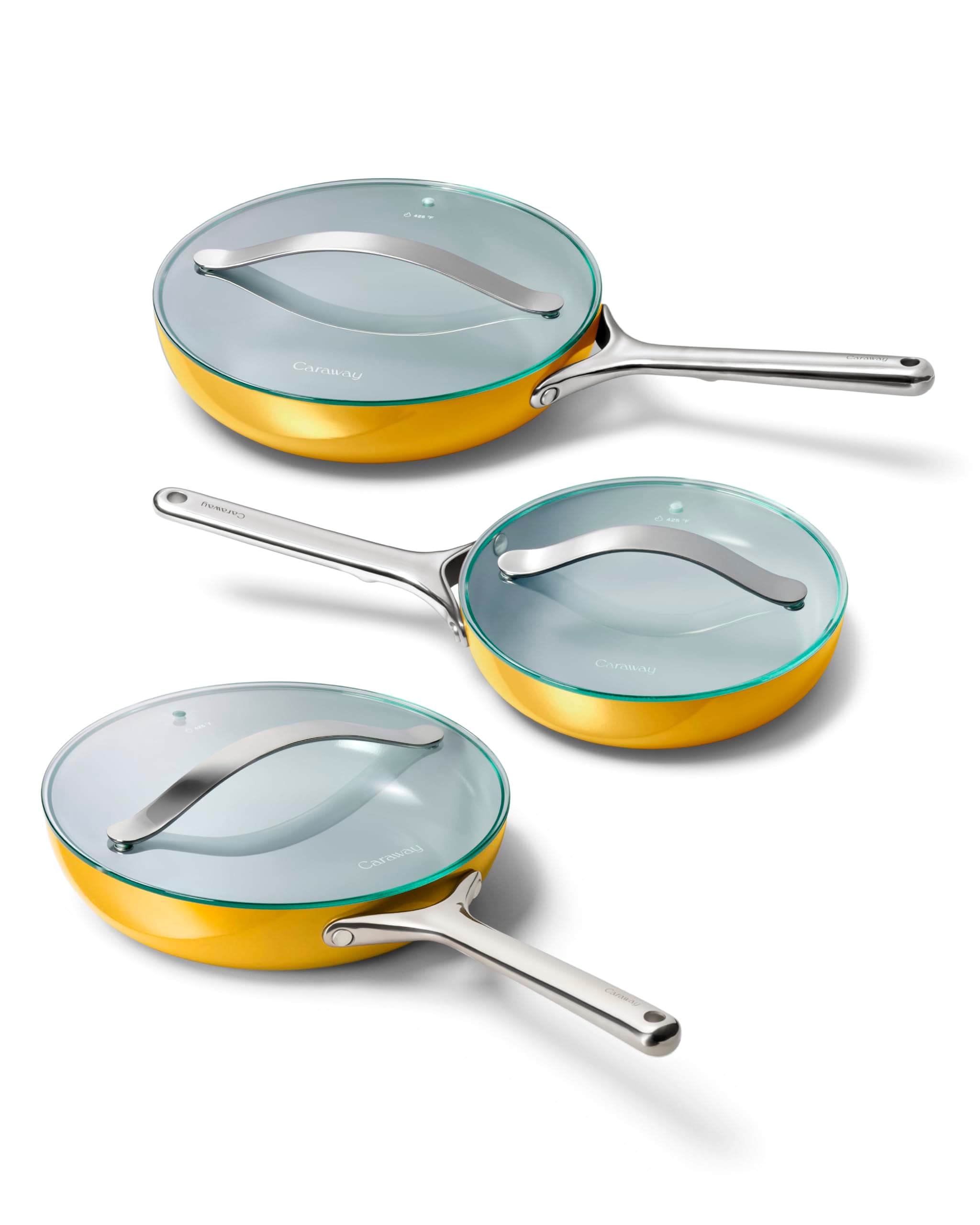 Caraway Ceramic Nonstick Fry Pan Set with Glass Lids – Includes Two 10.5” Fry Pans, One 8” Fry Pan, & Three Lids - Non Toxic, PTFE & PFOA Free - Oven Safe & Compatible with All Stovetops - Marigold