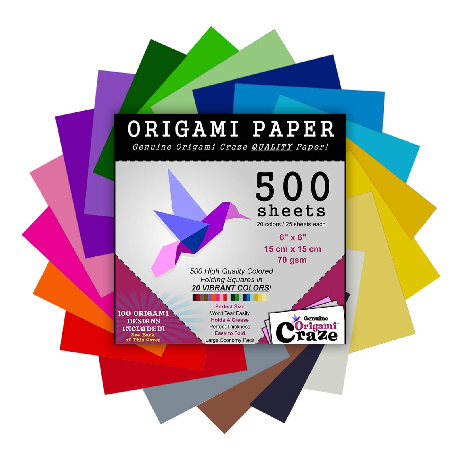Origami Craze Paper 500 Sheets For Arts And Crafts 6 Inch Square Sheets 20 Vivid Colors 100 Design E Book Included Red, Blue, Green, Yellow, Orange, Purple, Black, White, Pink