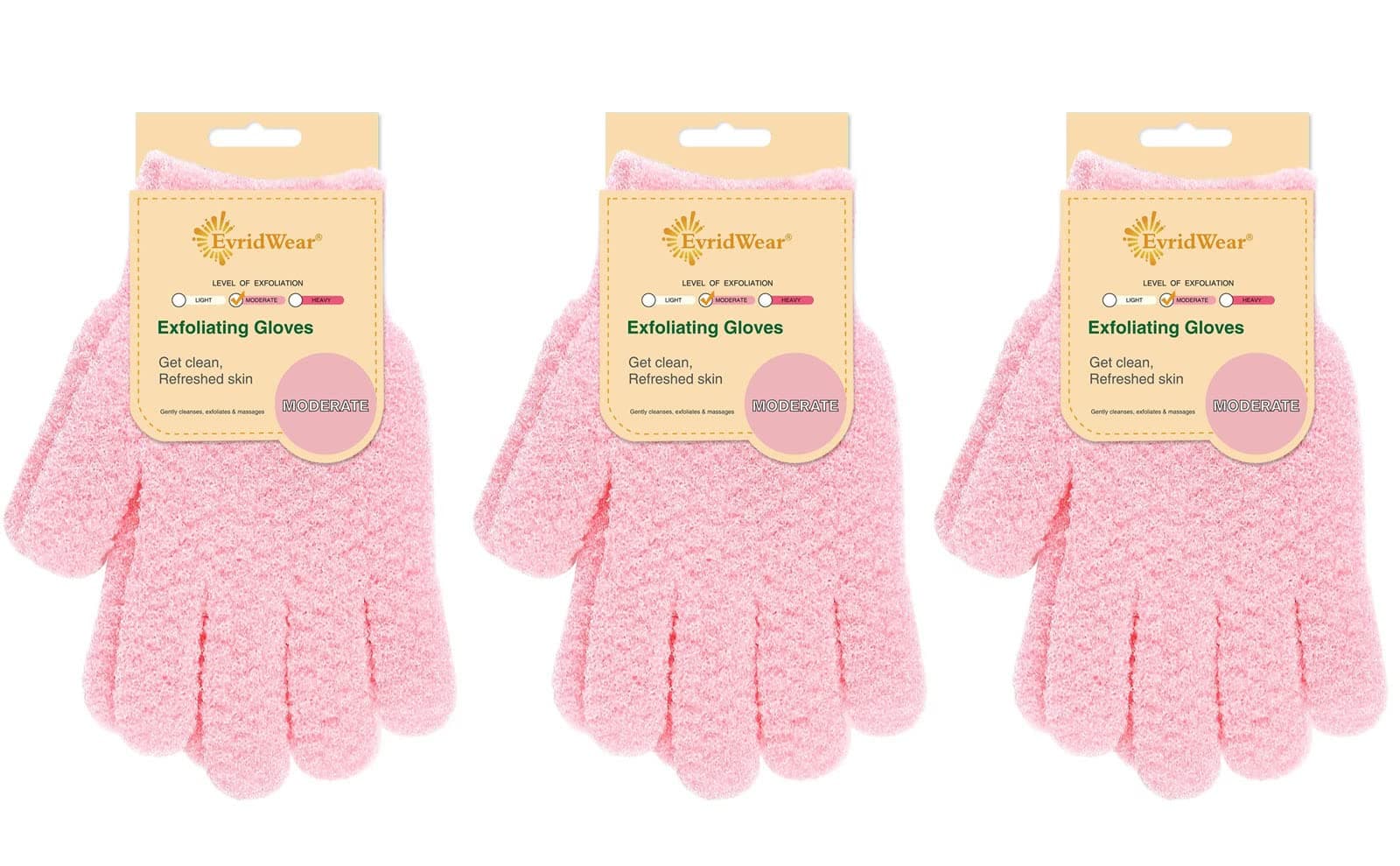 Exfoliating Gloves for Shower, 100% Nylon Thick Soft Medium Heavy Bathing Gloves Dead Skin Remover Body Scrubber Smooth Skin with Hang Loop (Pink Moderate Exfoliation- 3 Pairs)