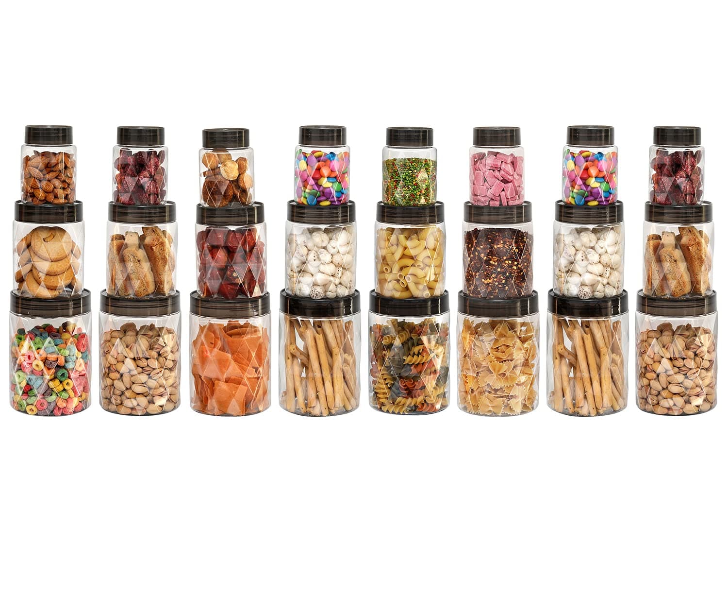 Diamond Plastic Kitchen Storage Containers Set of 24 with Lids (8 x 300ml, 8 x 650ml, 8 x 1200ml), Clear For Grains, Pulses, Spice, Cereals, Cookies, Dry Fruits | Fridge Storage Container