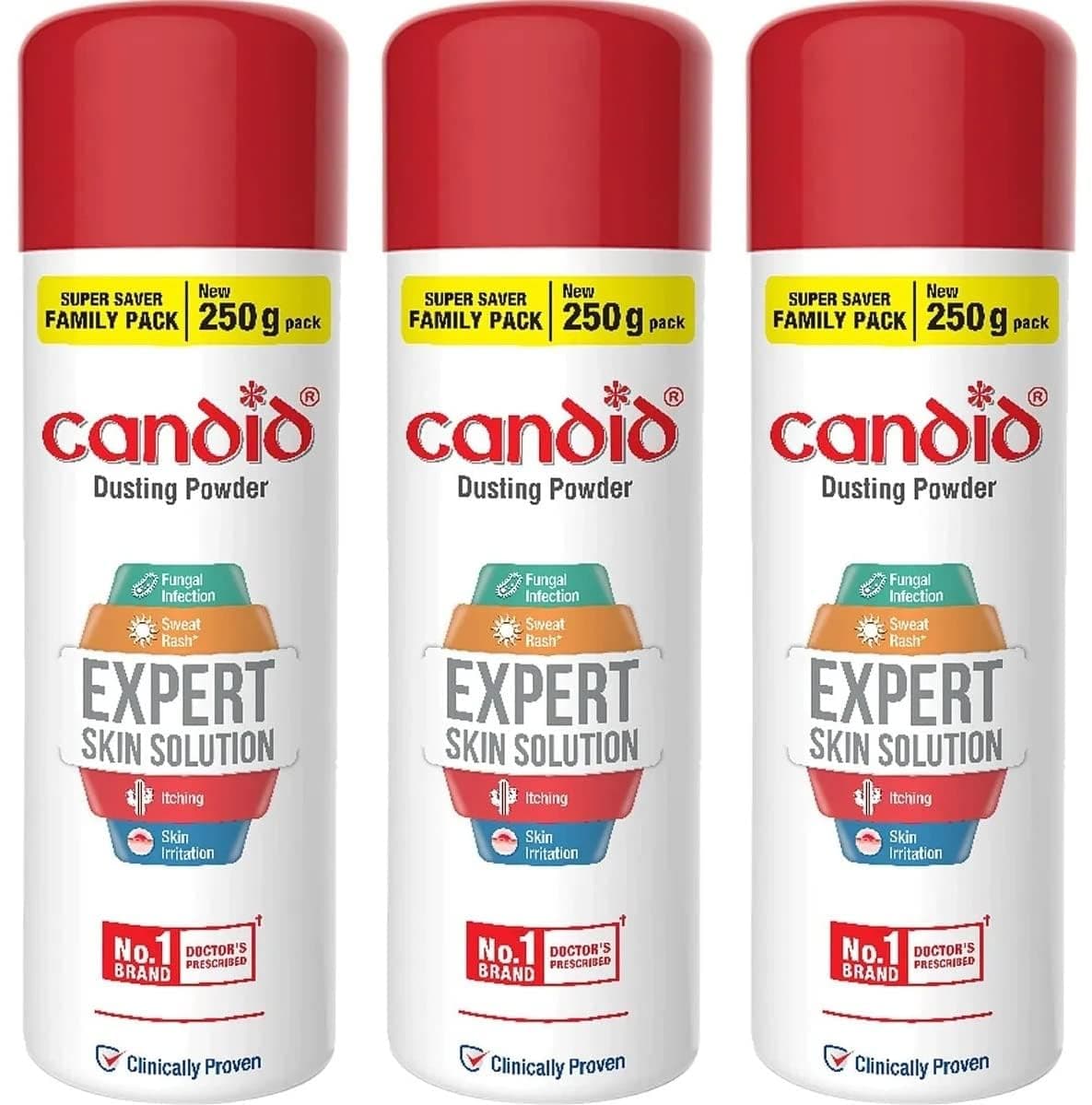 Candid Dusting Powder | Expert Skin Solution |Doctor's Prescribed No.1 Brand | Prevents Sweat Rash, Itching, Fungal Infection & Skin Irritation | Anti-fungal Powder | Clotrimazole | 250g | Pack of 3