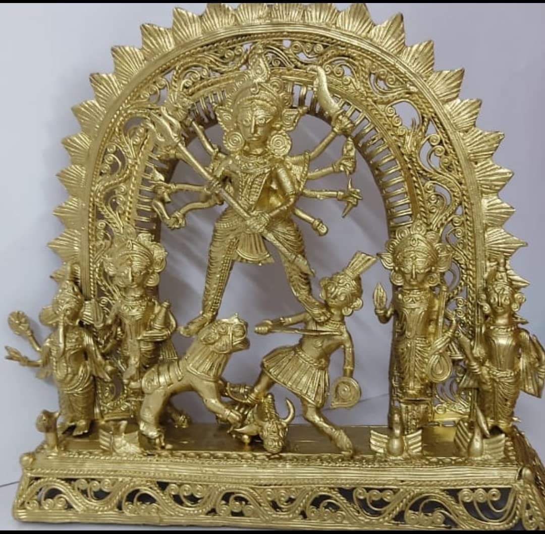 GenericDokra Maa Durga | Bengal Dokra Art | Handcrafted Brass Durga showpiece | Home Decor | (L x B x H : 9 inch x 2 inch x 10 inch, Gold) Fine Mesh Work