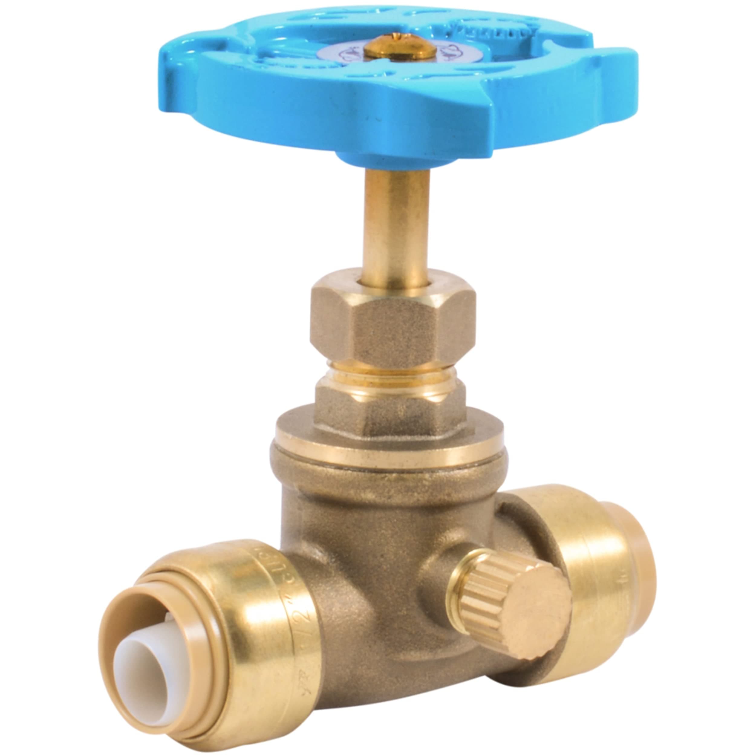 1/2 Inch Stop Valve with Drain and Vent, Push to Connect Brass Plumbing Fitting, PEX Pipe, Copper, CPVC, PE-RT, HDPE, 24634LF