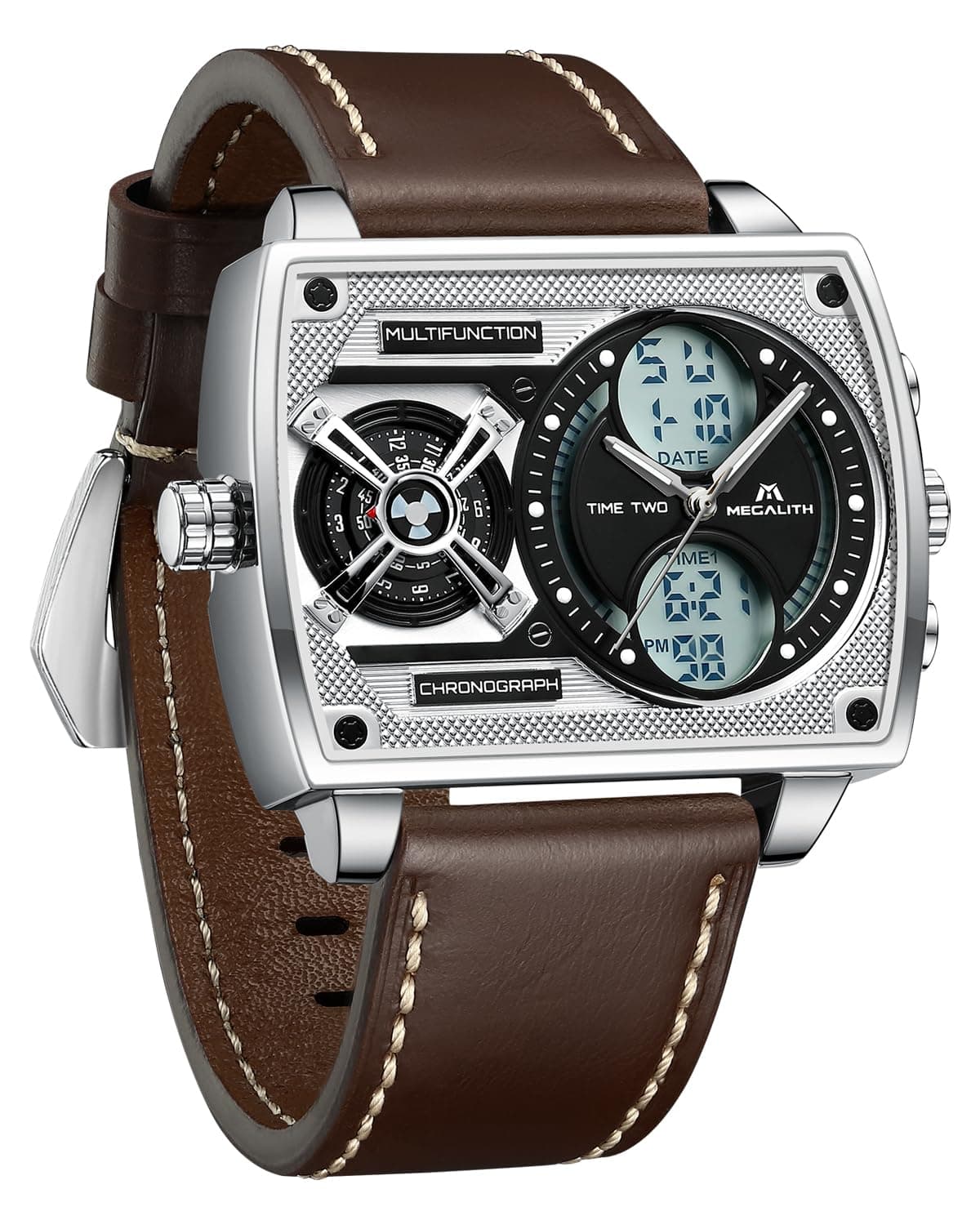 Watches Mens Stylish Digital Analogue Large Face Square Multi-Time Zone Wristwatch