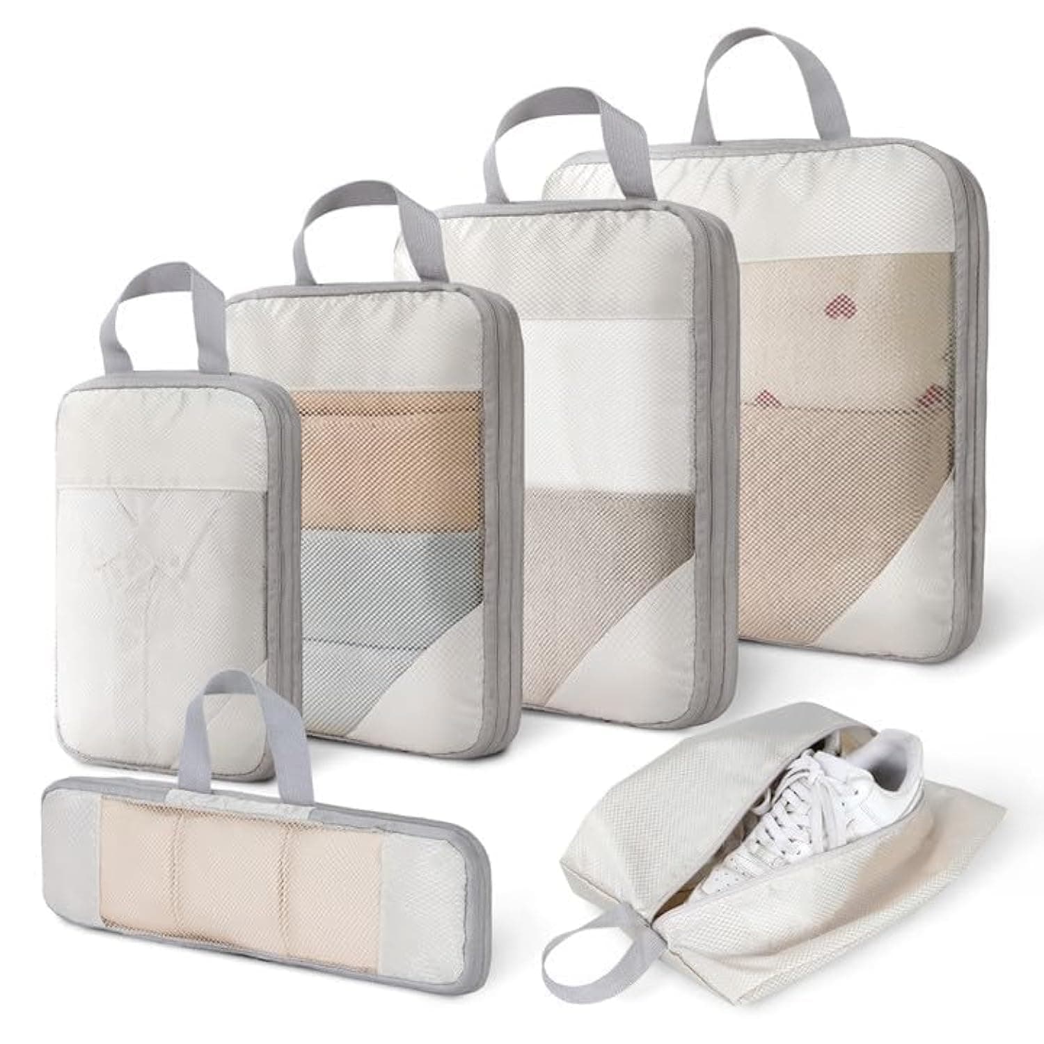 NALACAL Travel Essentials: 6-Piece Compression Packing Cubes Set for Suitcases, Lightweight Luggage Organizers, Expandable Travel Bags in Beige